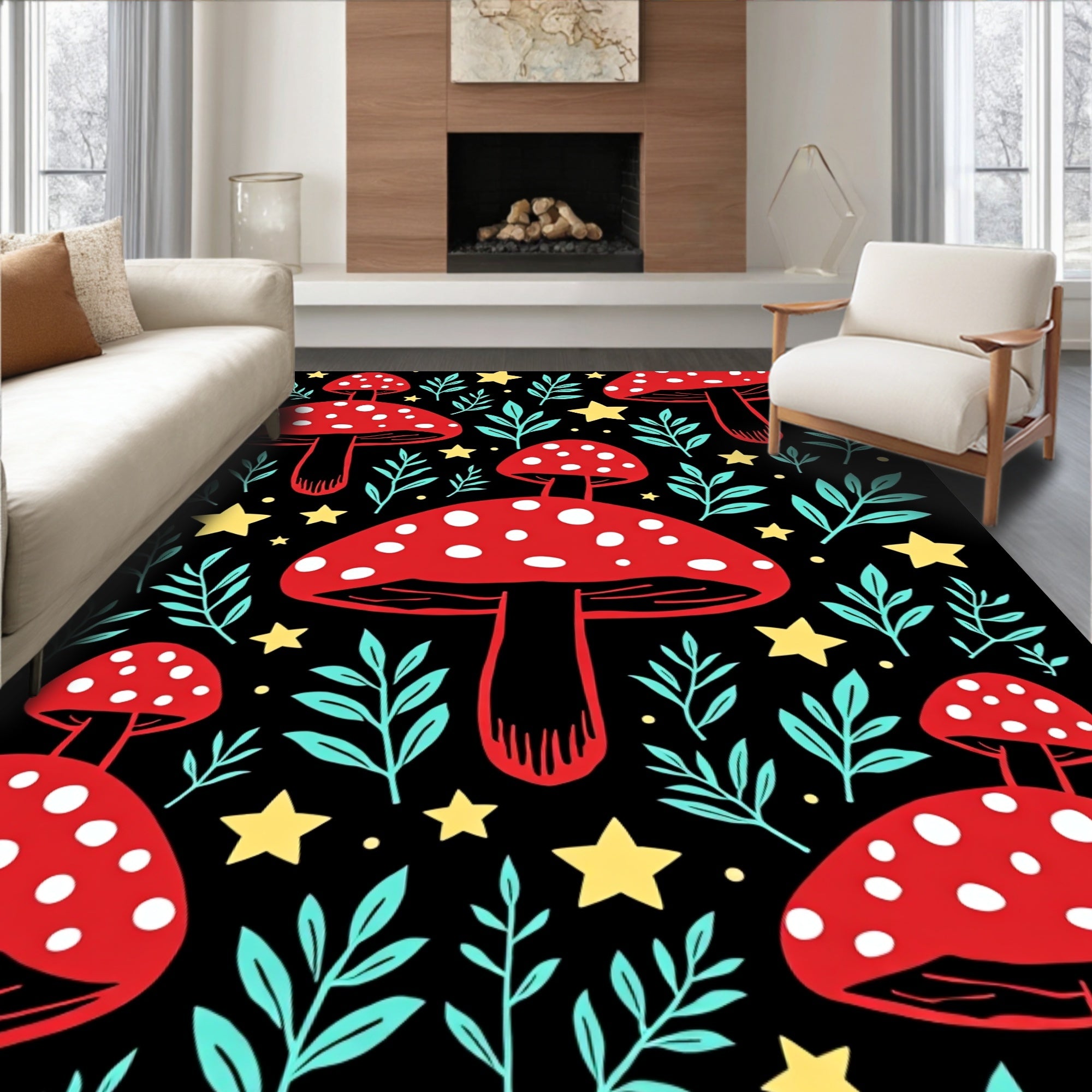Whimsical Red Mushroom Starry Night Rug