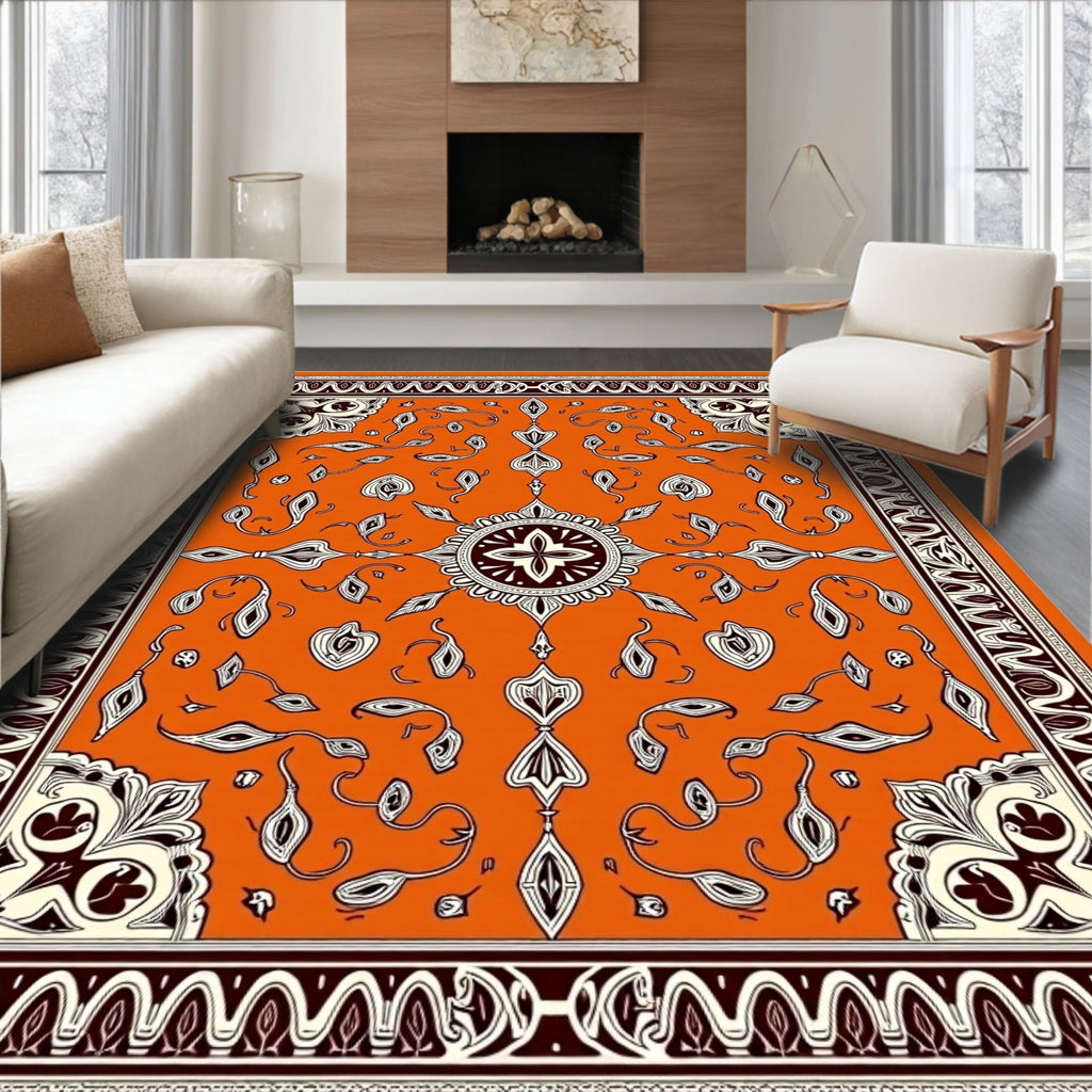 Vibrant Orange Medallion Floral Border Rug
