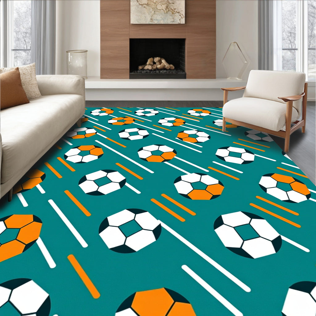 Teal Soccer Ball Swirl Graphic Rug