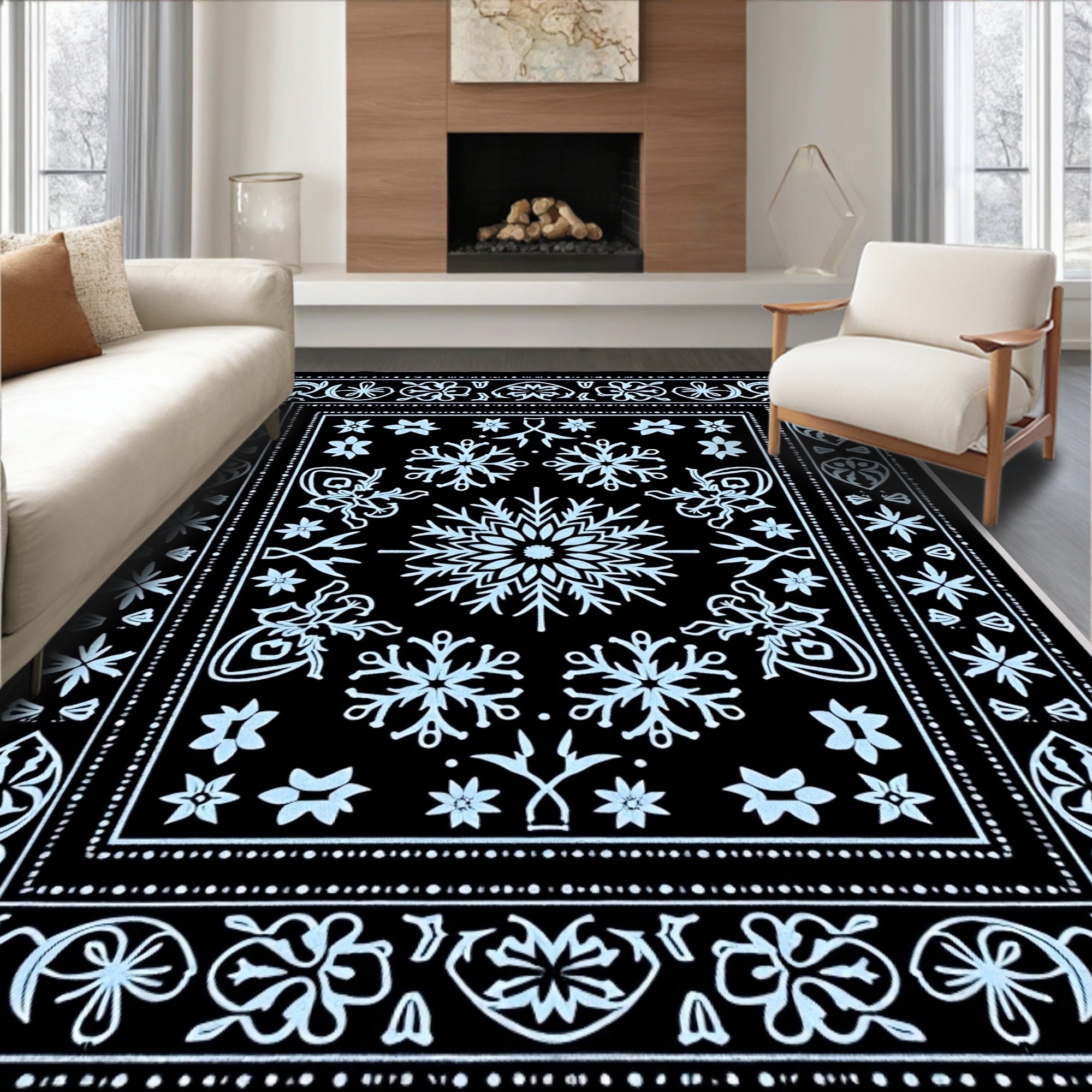 Winter Snowflake Medallion Black Rug