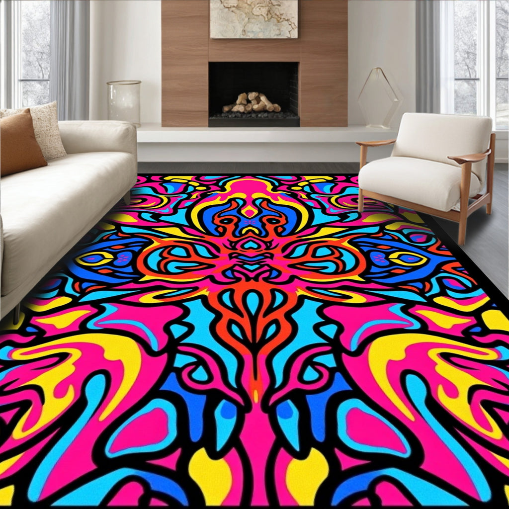 Vibrant Pink Blue Yellow Psychedelic Swirl Rug