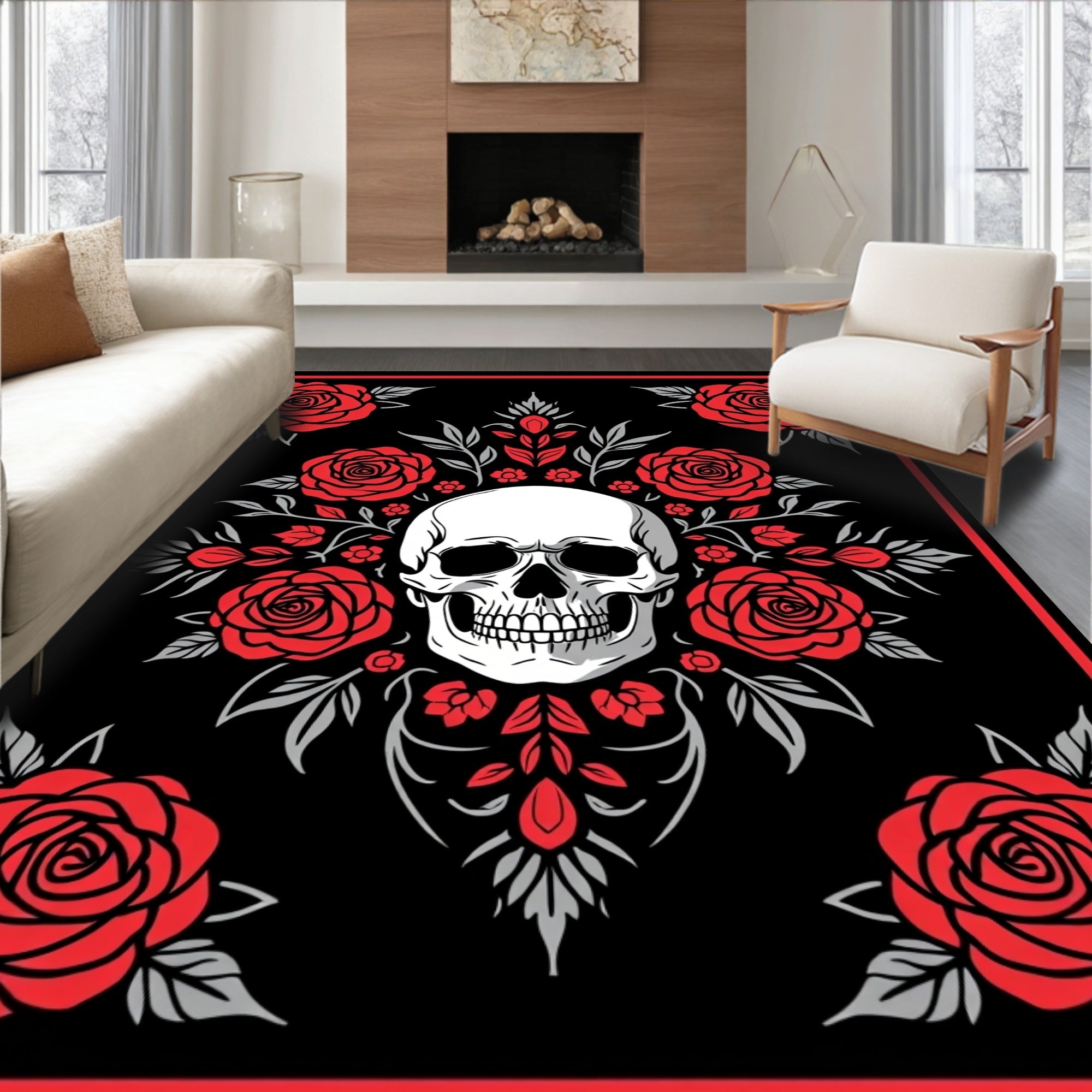 Dark Floral Skull Romance Rug
