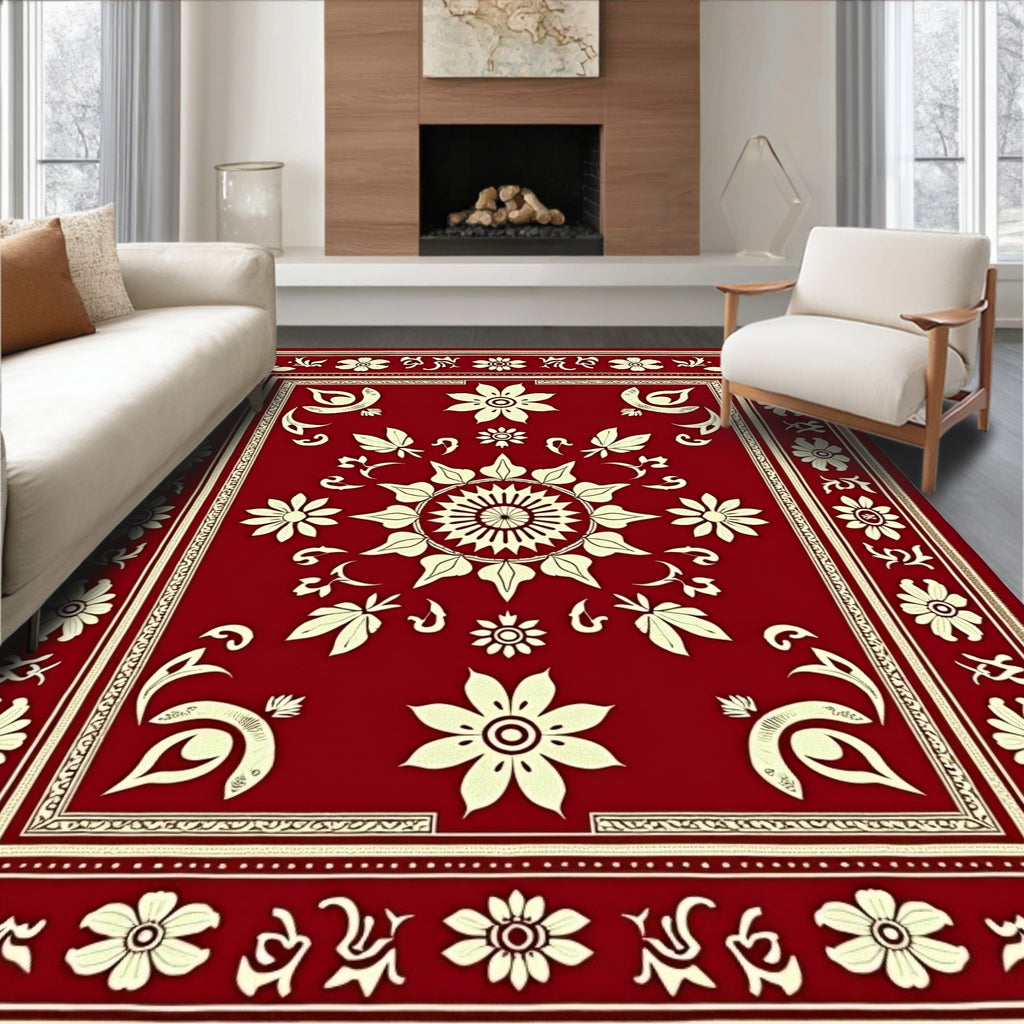 Crimson Floral Medallion Frame Rug
