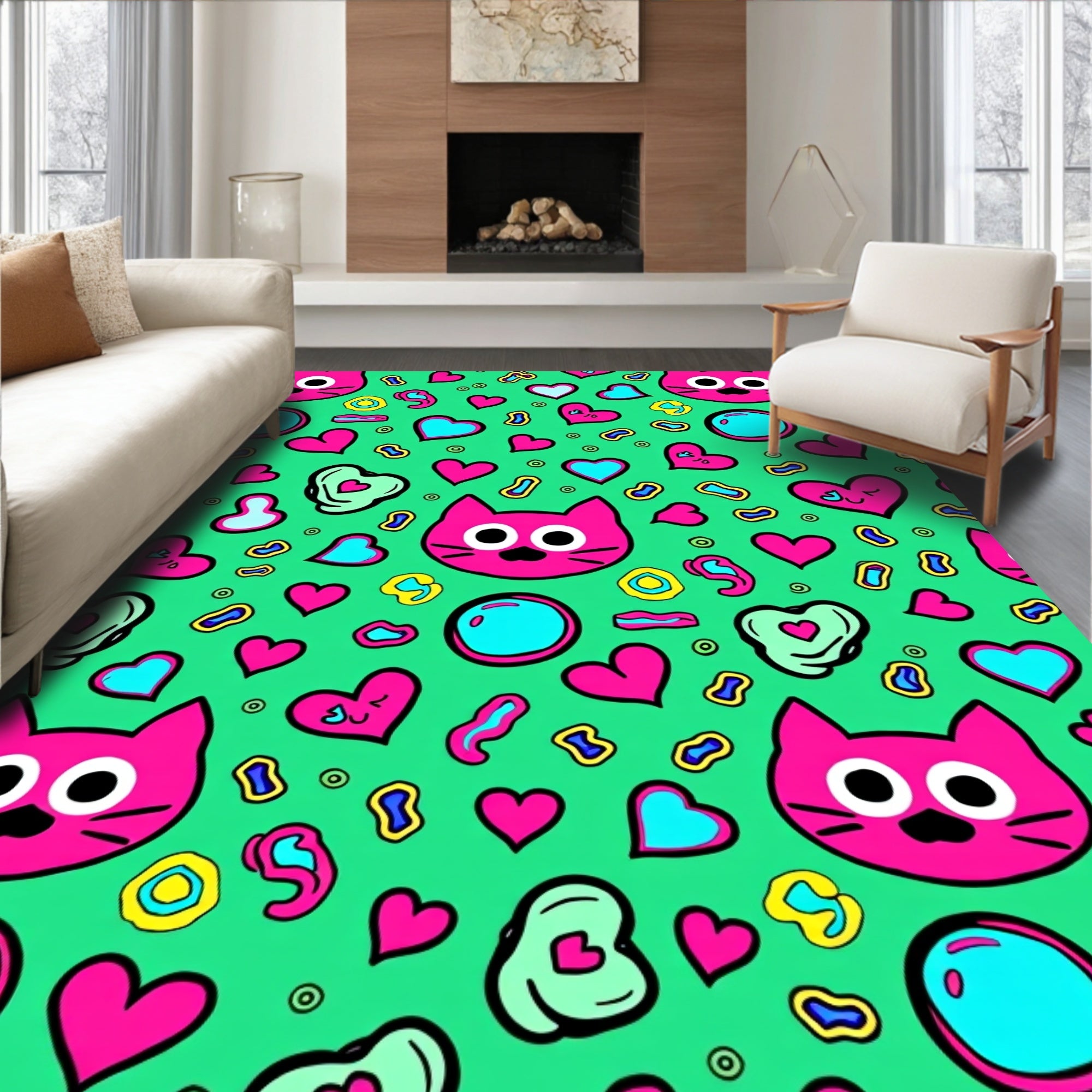 Pink Kitty Hearts And Bubbles Rag Rug