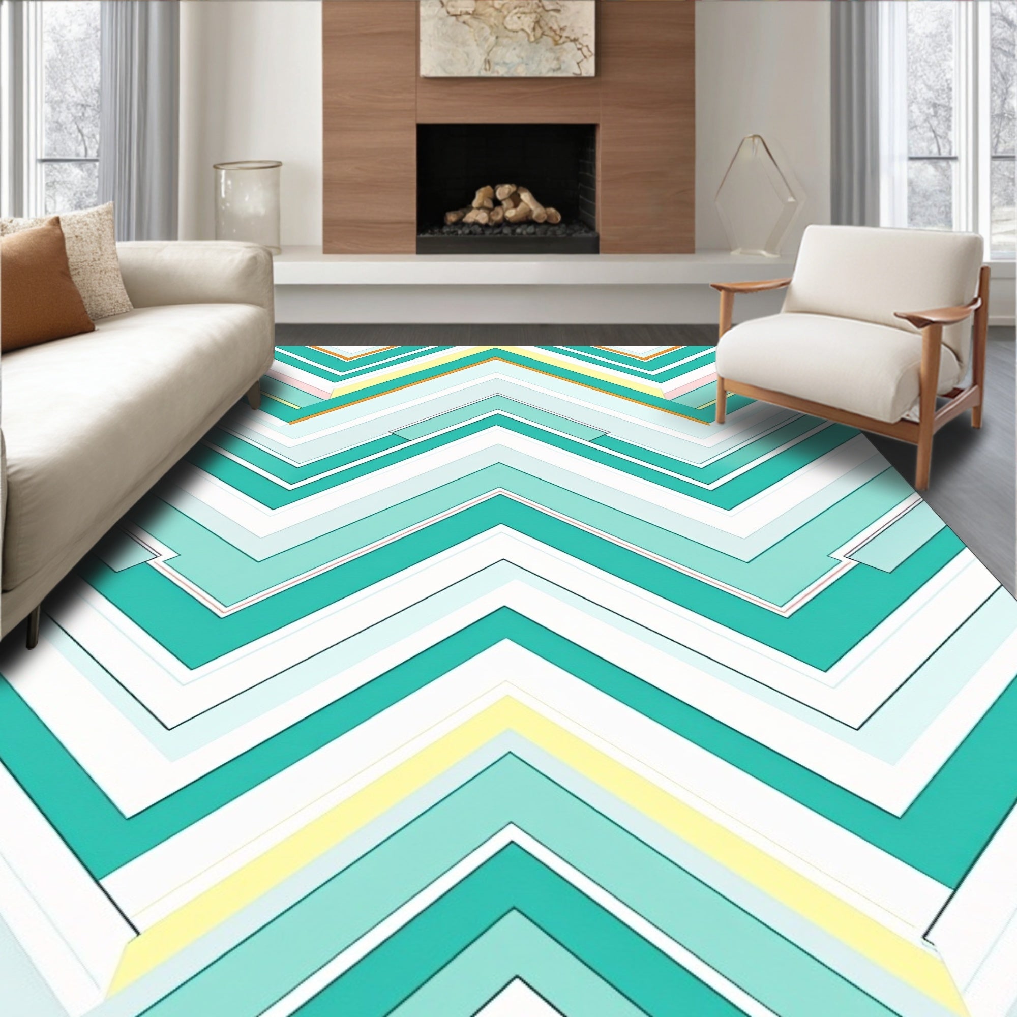 Chevron Aqua Mint Yellow Accents Rug