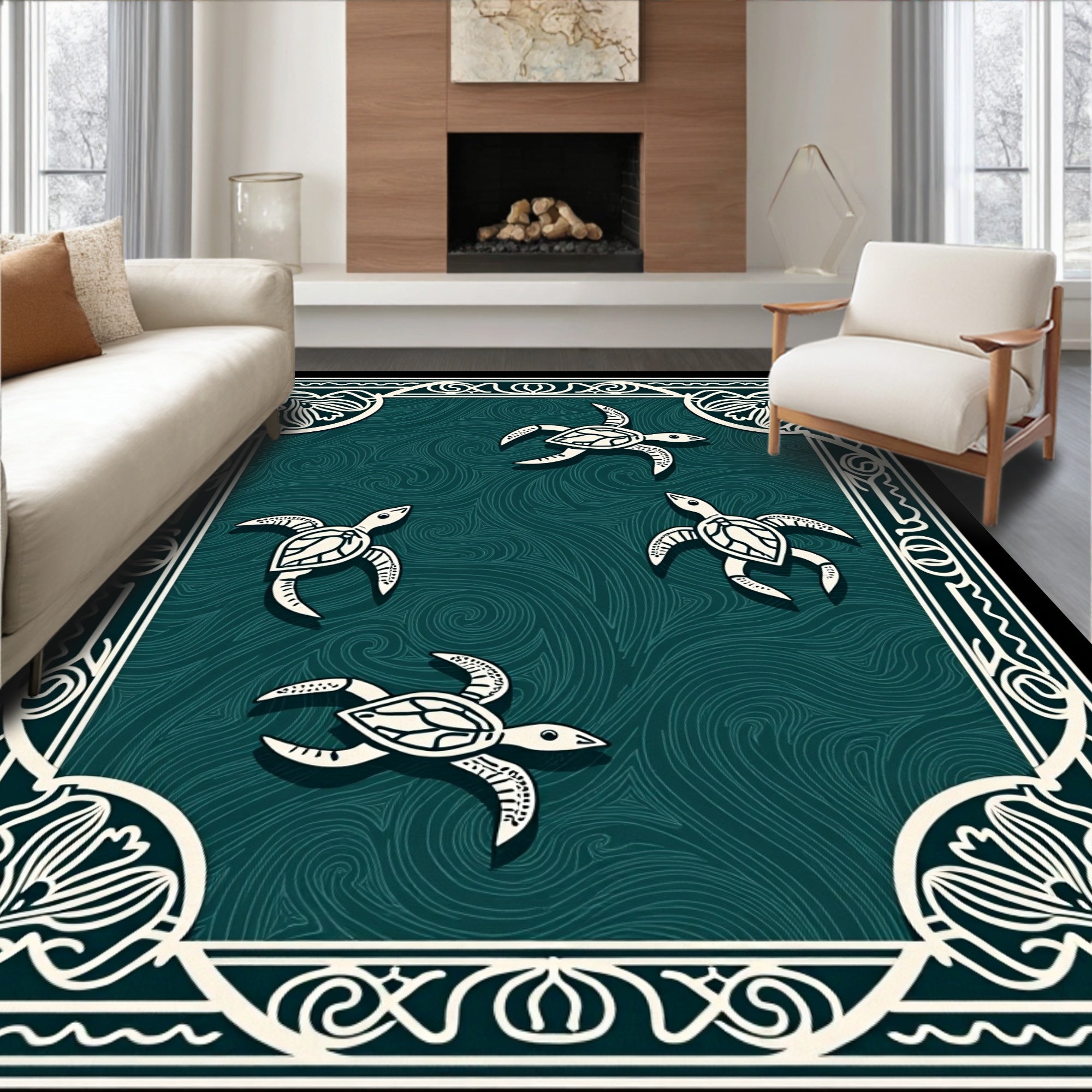 Oceanic Teal Turtle Swirl Border Rug