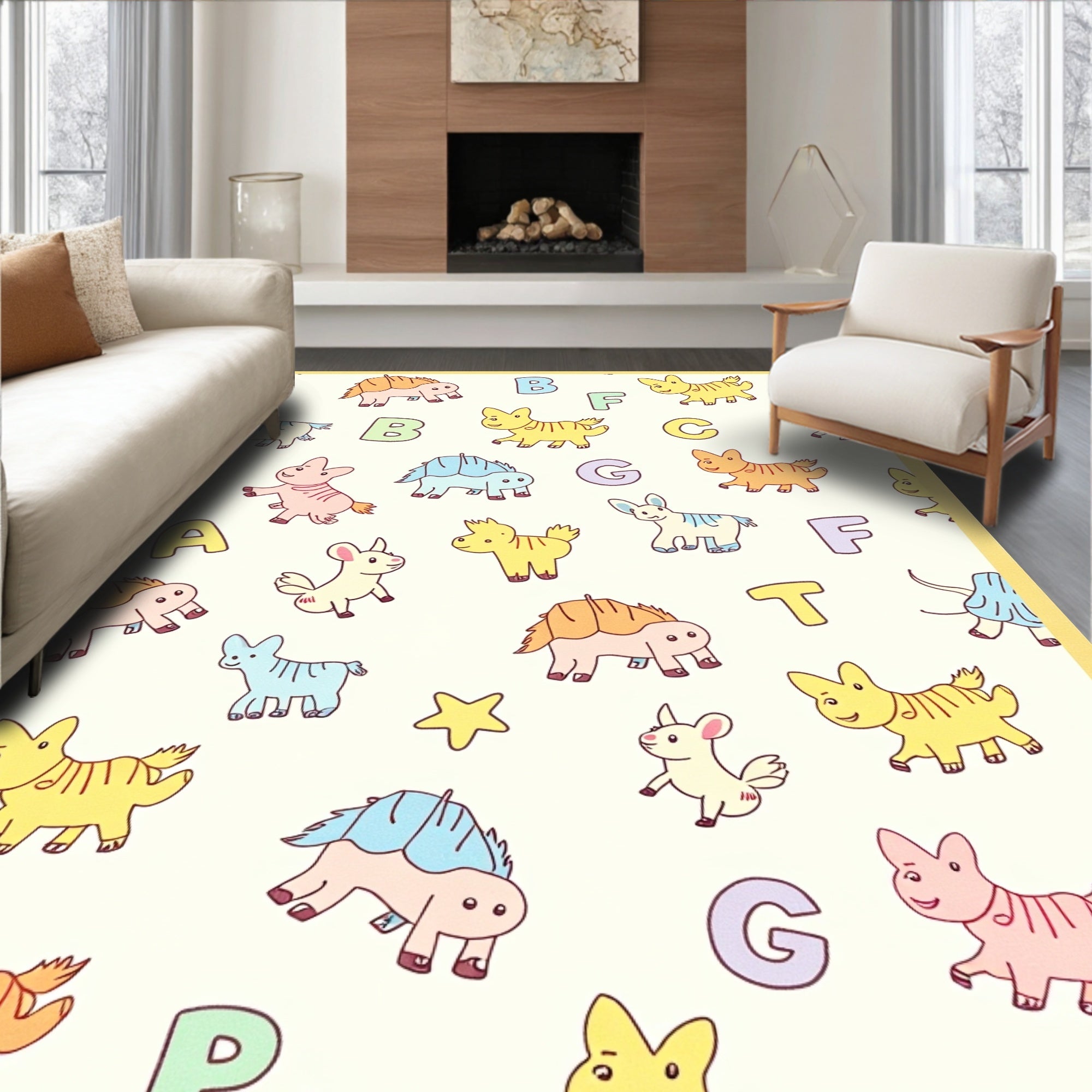Cute Cartoon Animals Alphabet Kids Print Rug
