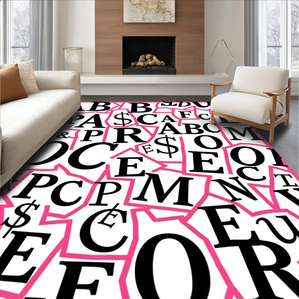 Black White Pink Alphabet Collage Rug