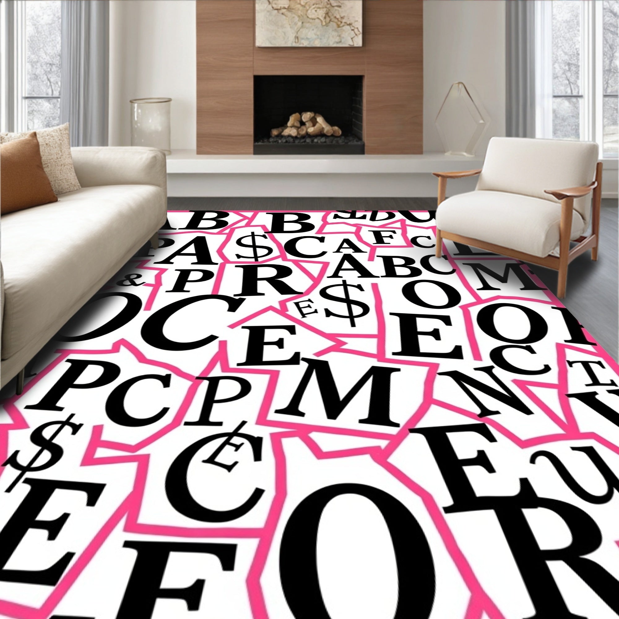Black White Pink Alphabet Collage Rug