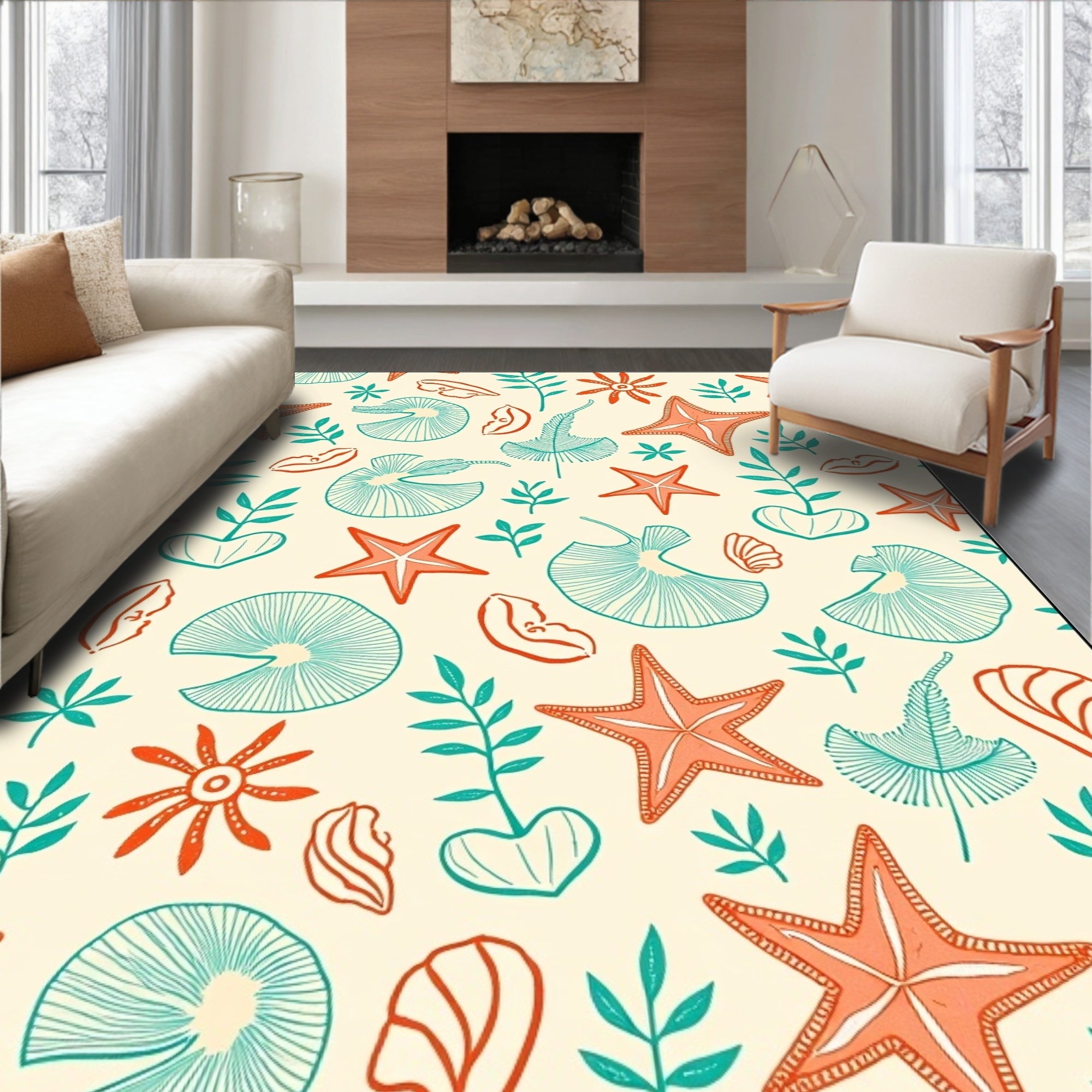Coral Starfish Teal Leaf Medley Rug