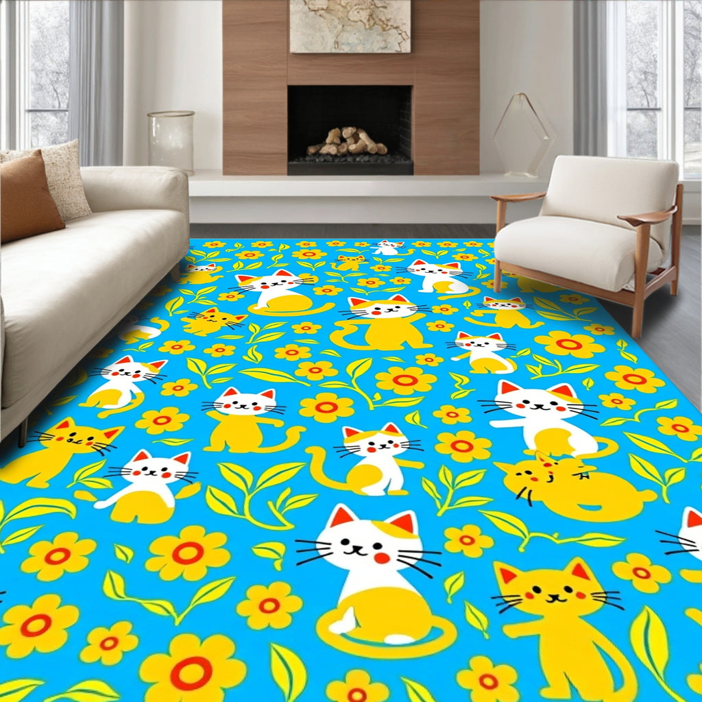 Blue Yellow Cat Floral Whimsy Rug