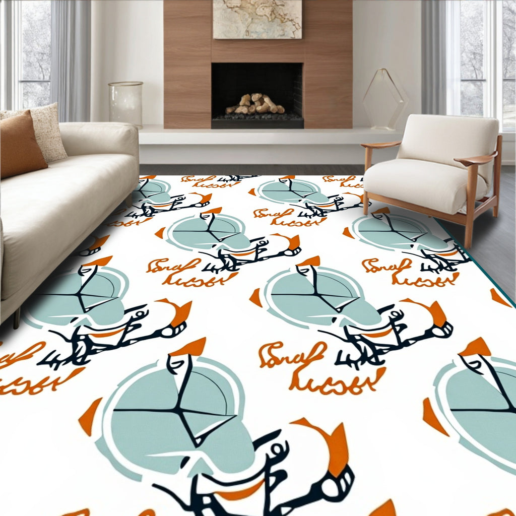 Abstract Teal Orange Calligraphic Elements Rug