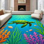 Vibrant Green Turtle Coral Reef Rug