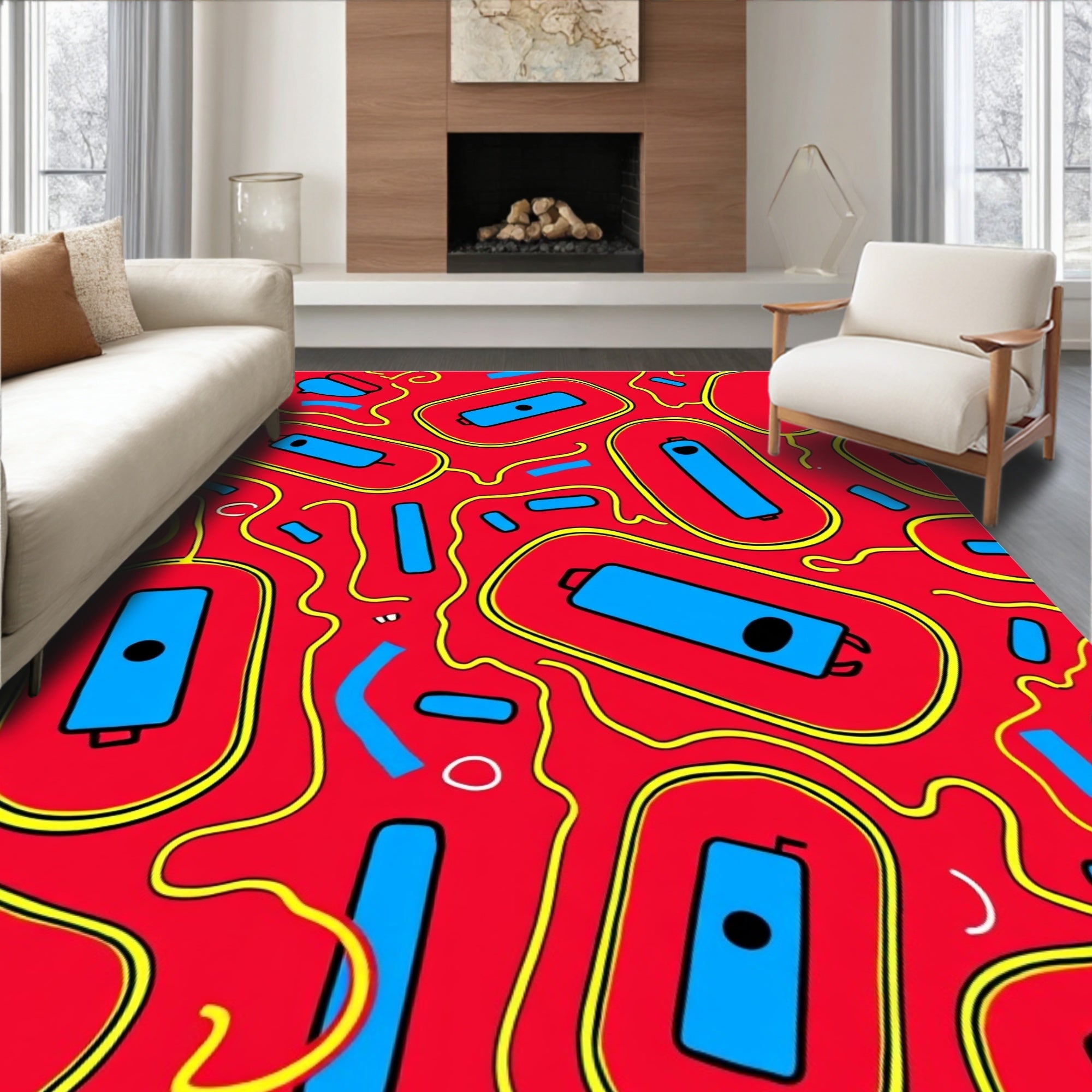 Red Blue Capsule Yellow Swirl Rug