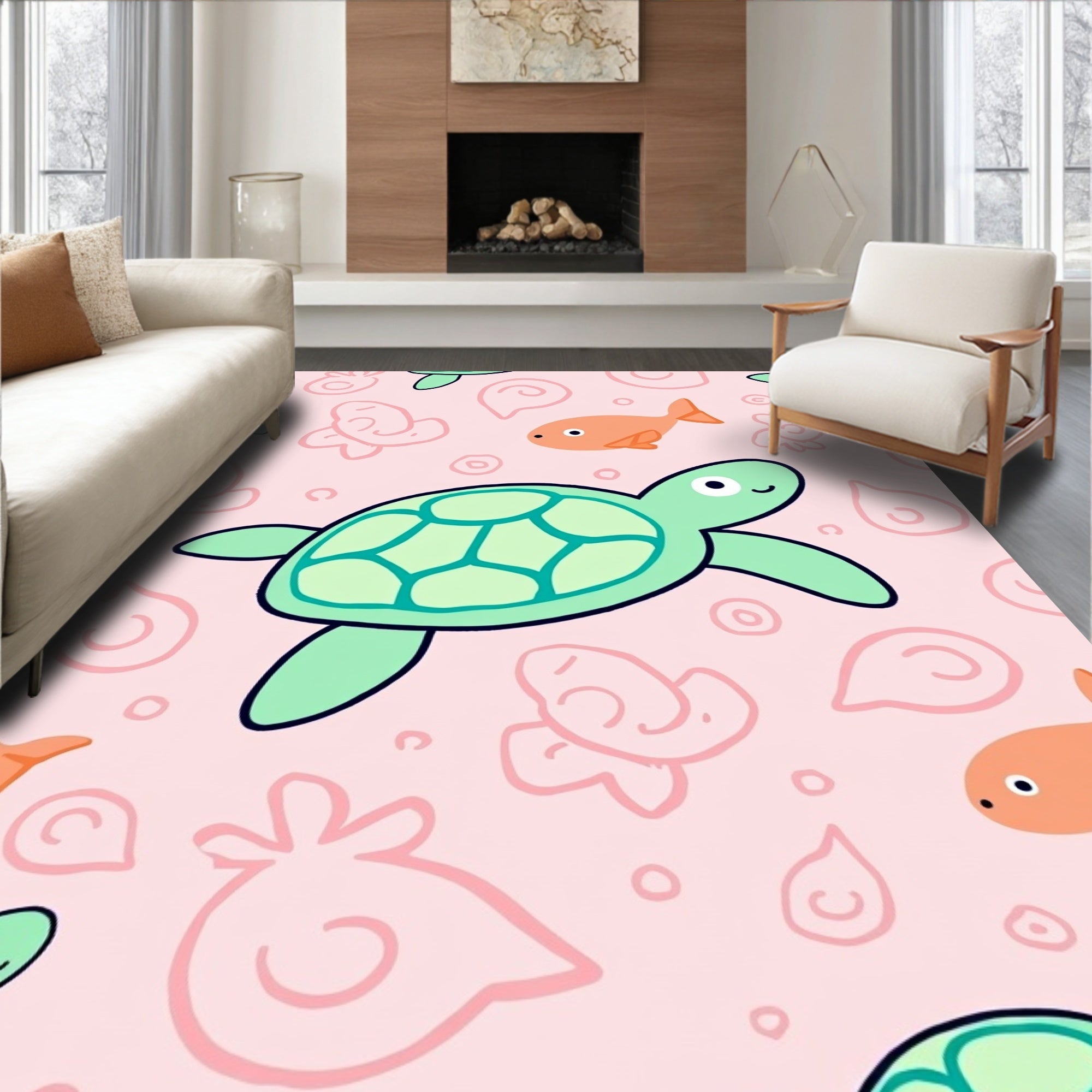 Kawaii Green Turtle Coral Fish Rug