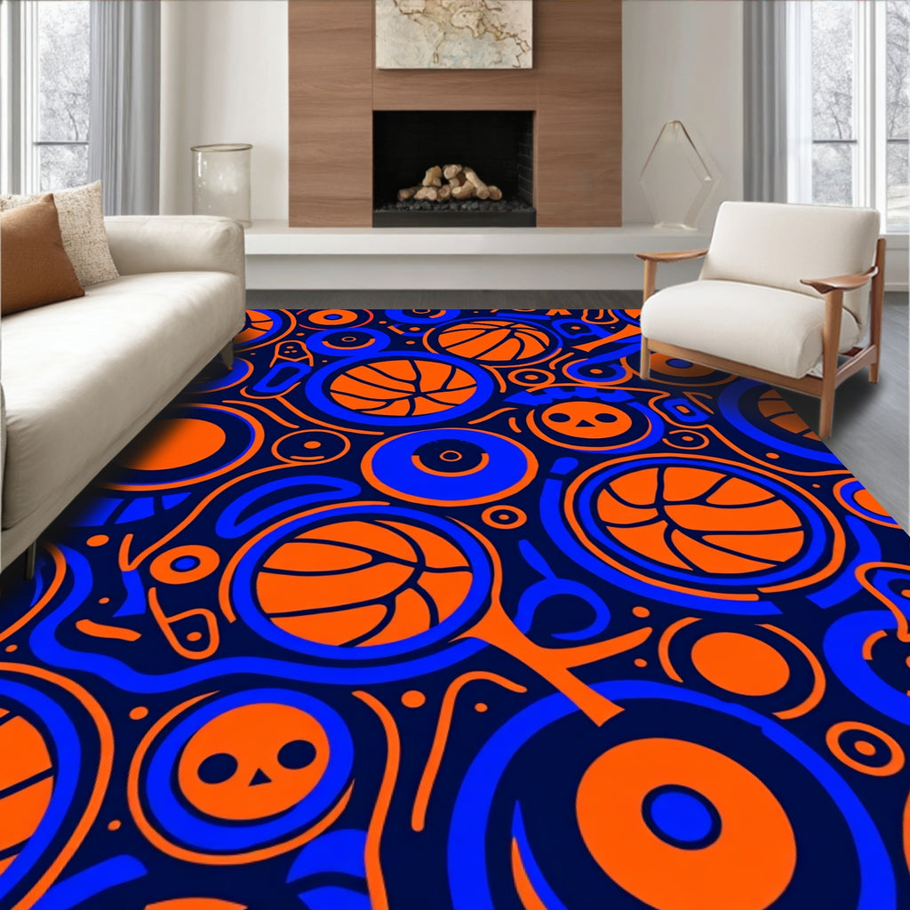 Orange Blue Basketball Collage Rug