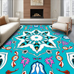 Aqua Geometric Starburst Floral Medallion Rug