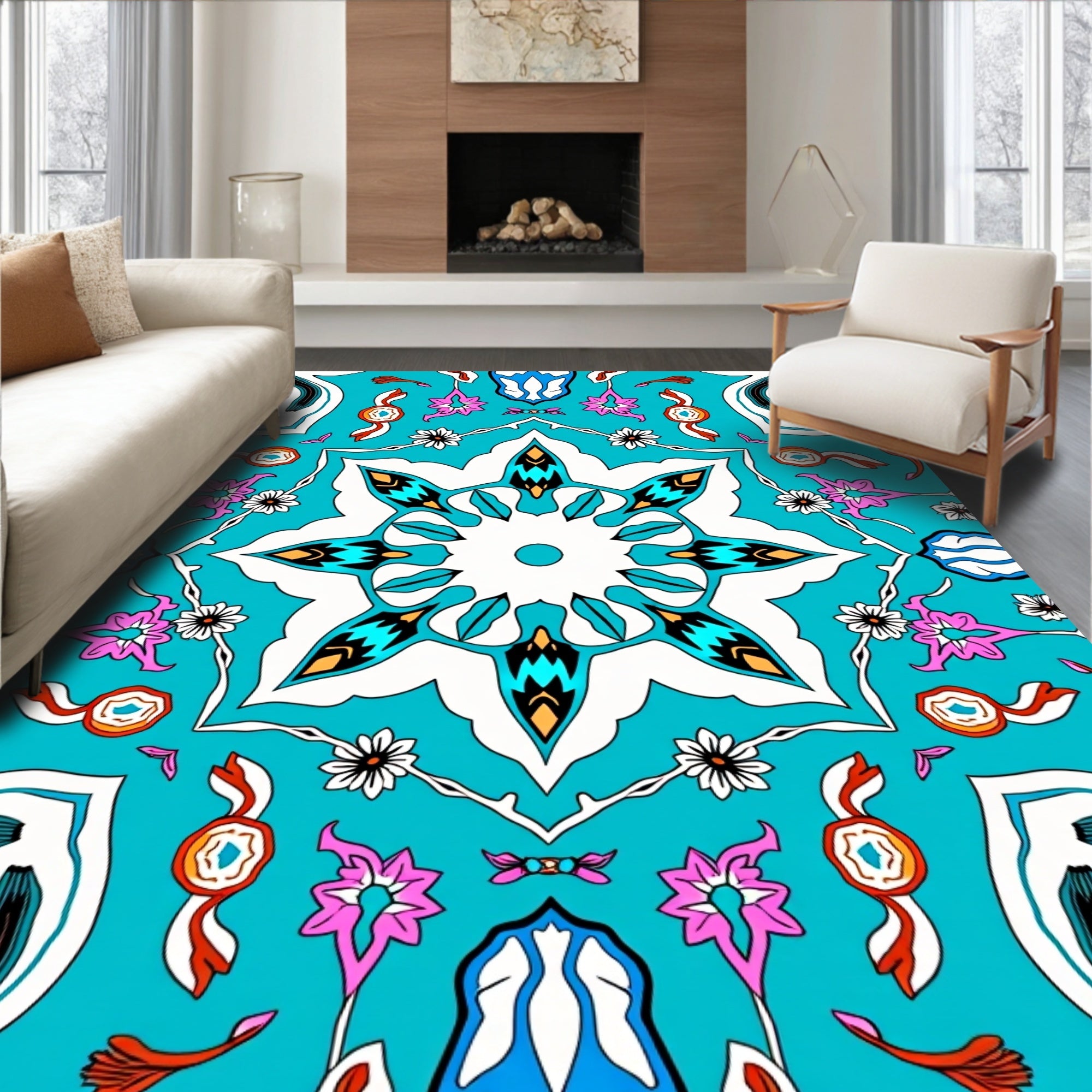 Aqua Geometric Starburst Floral Medallion Rug