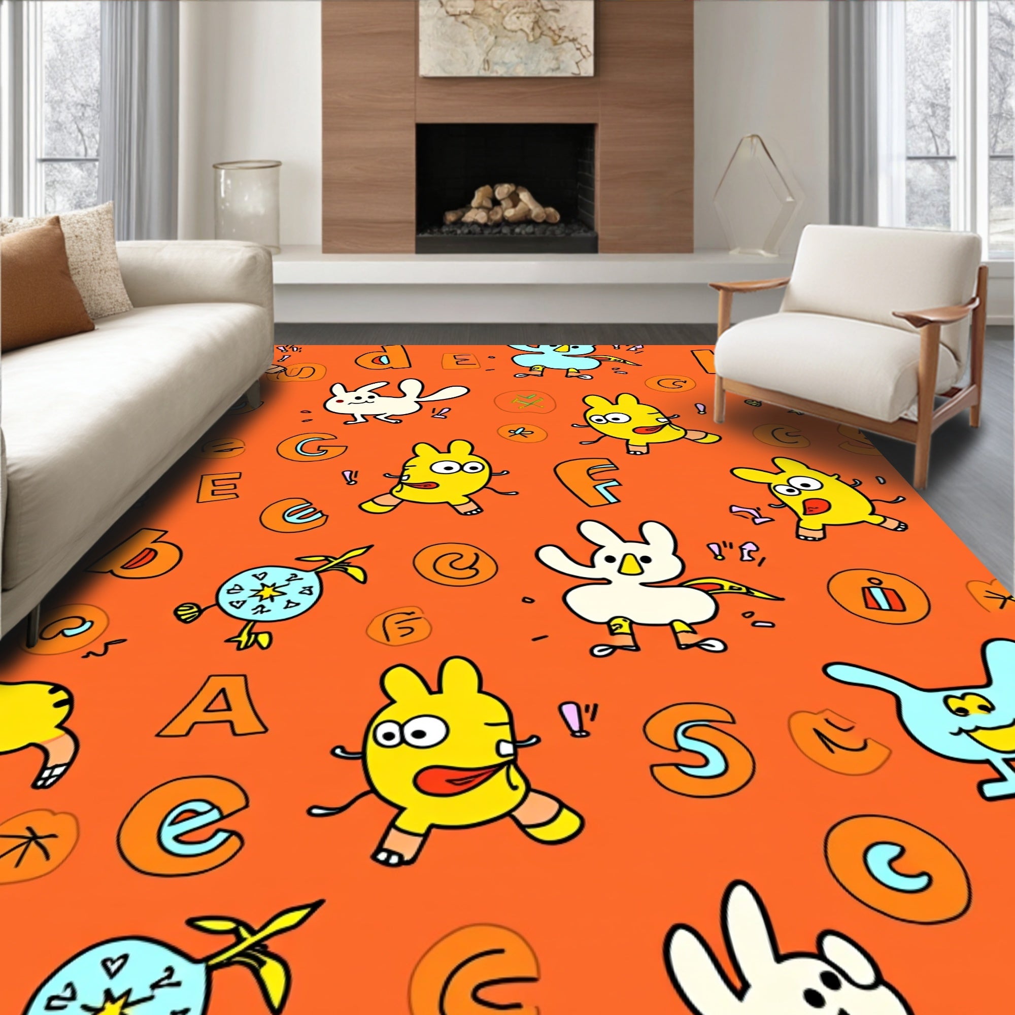 Whimsical Yellow Critters Alphabet Collage Rug