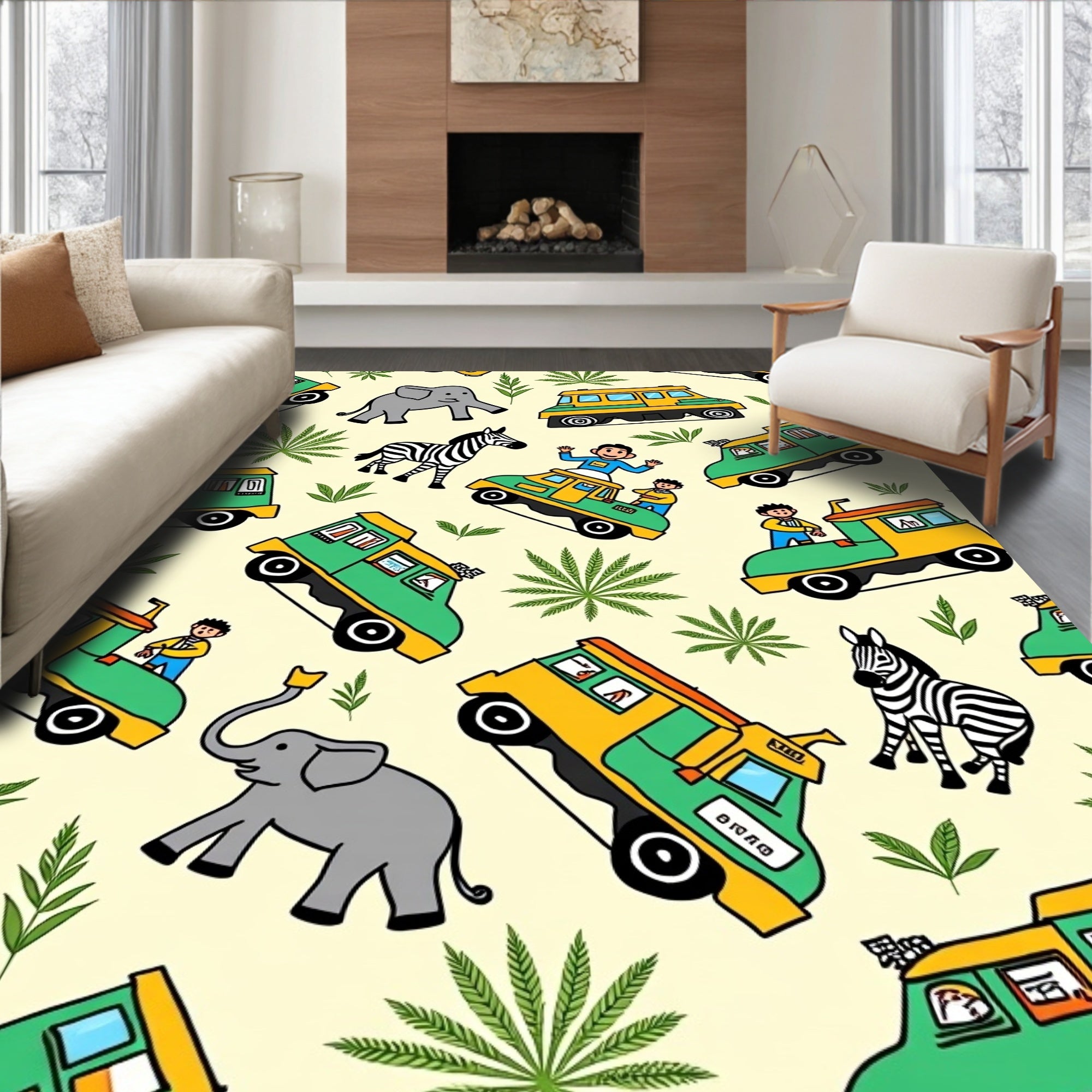 Whimsical Jungle Safari Adventure Vehicles Rug