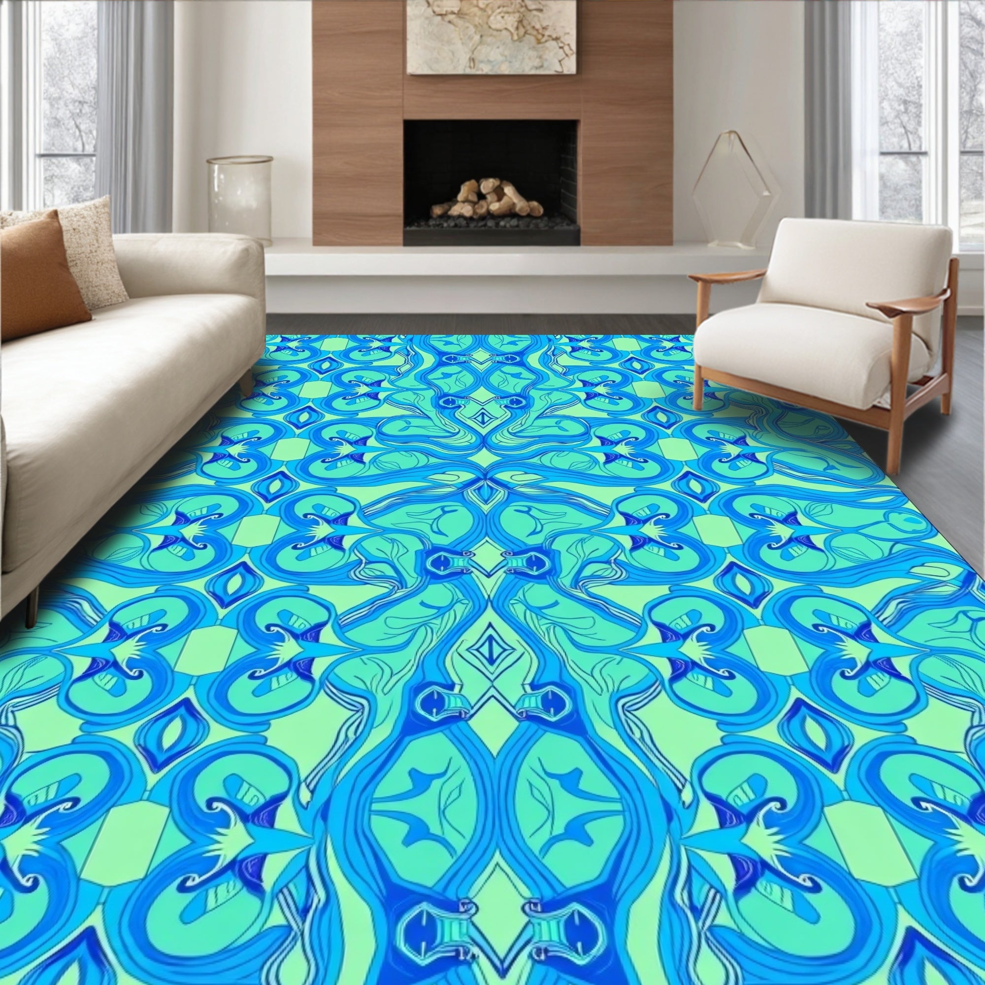 Aqua Blue Swirling Organic Contemporary Rug