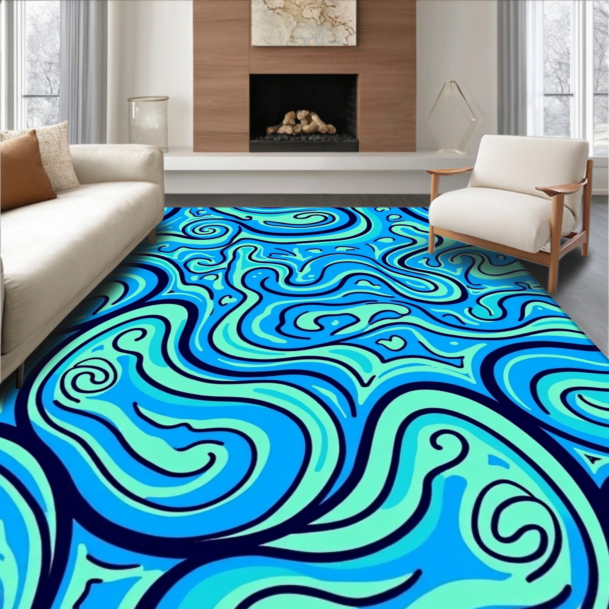 Aqua Blue Swirl Abstract Rug