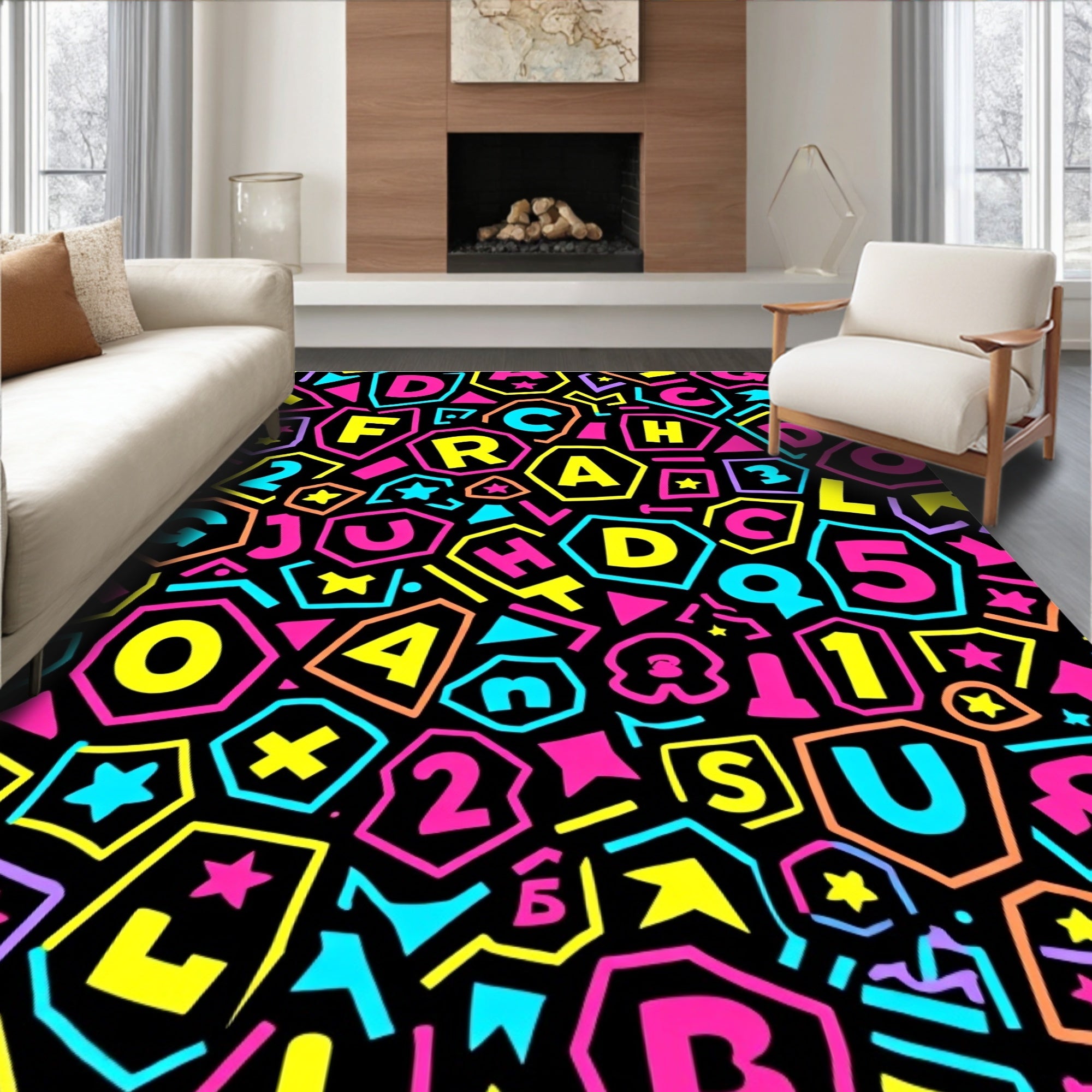 Neon Alphabet Collage Shapes Rug