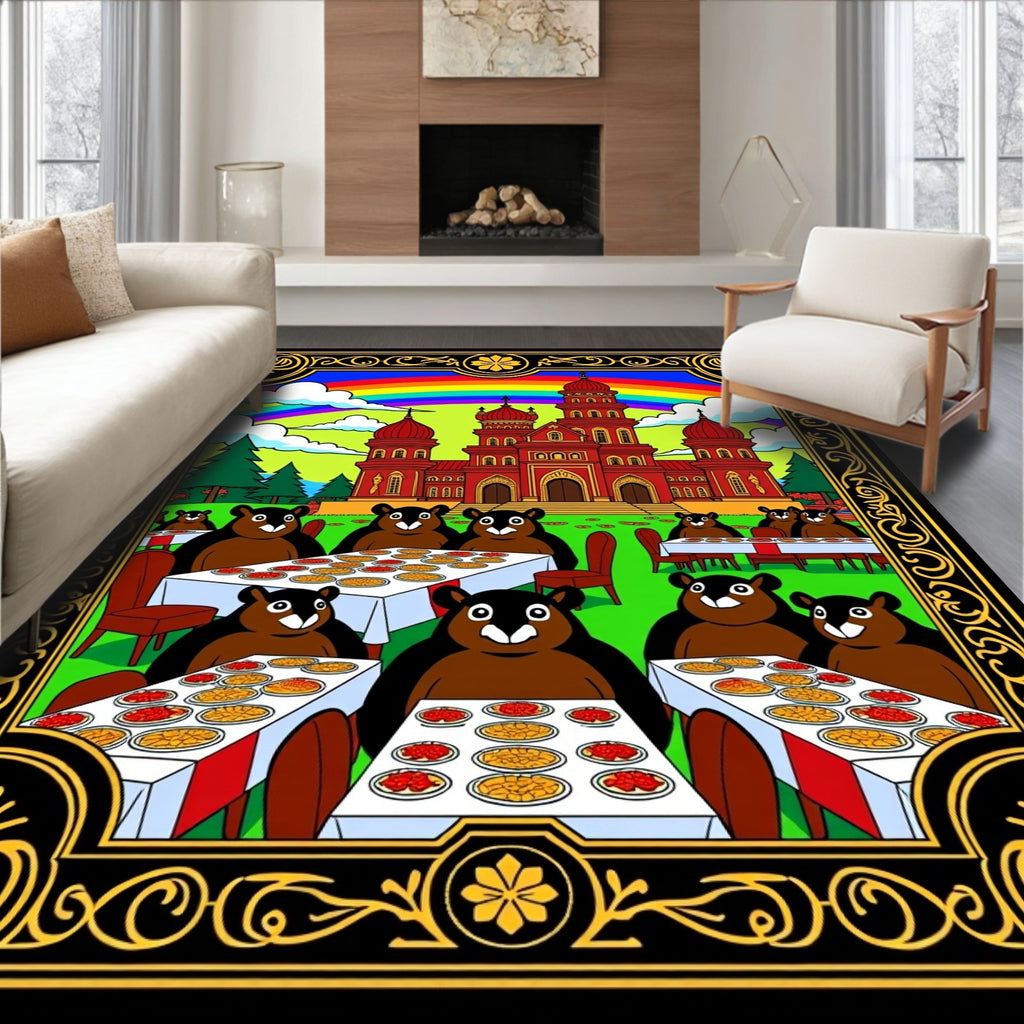Whimsical Bears Feast Under Rainbow Palace Rug