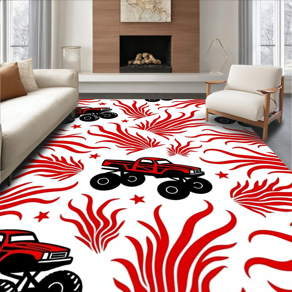Red Monster Truck Fire Burst Rug