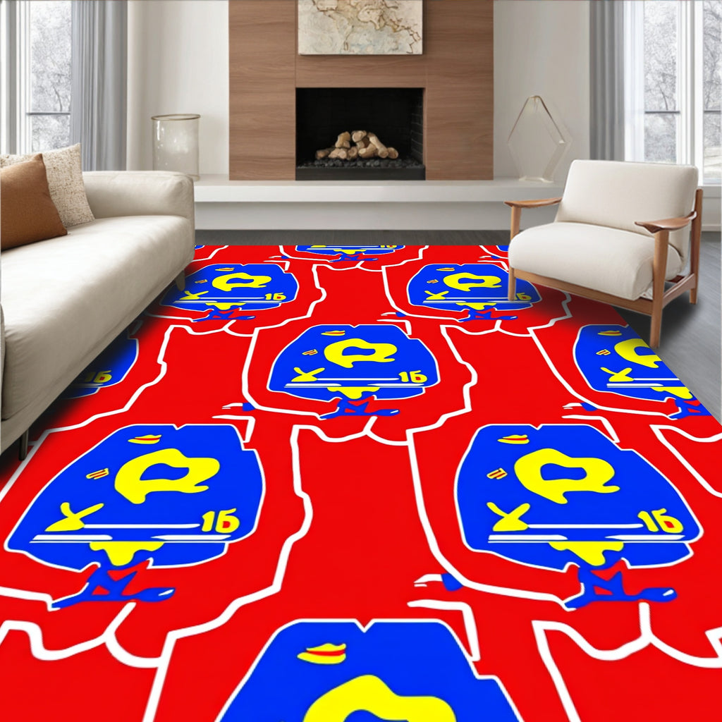 Bold Crimson Blue Yellow Figure Rug