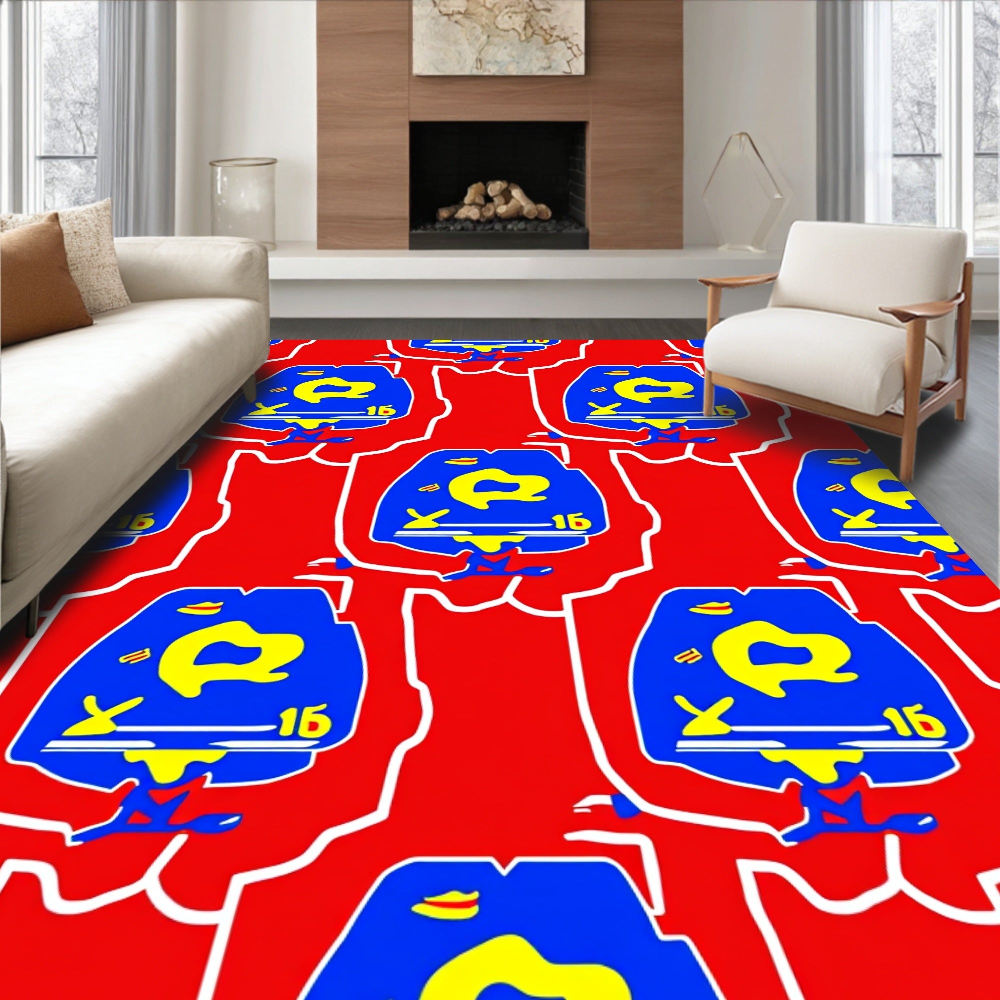 Bold Crimson Blue Yellow Figure Rug
