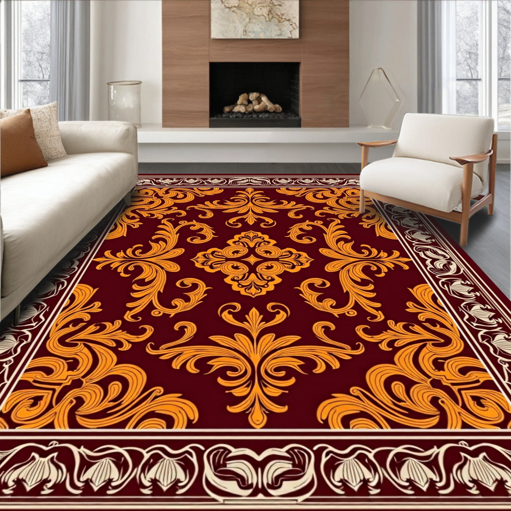 Rich Burgundy Golden Floral Scrollwork Rug