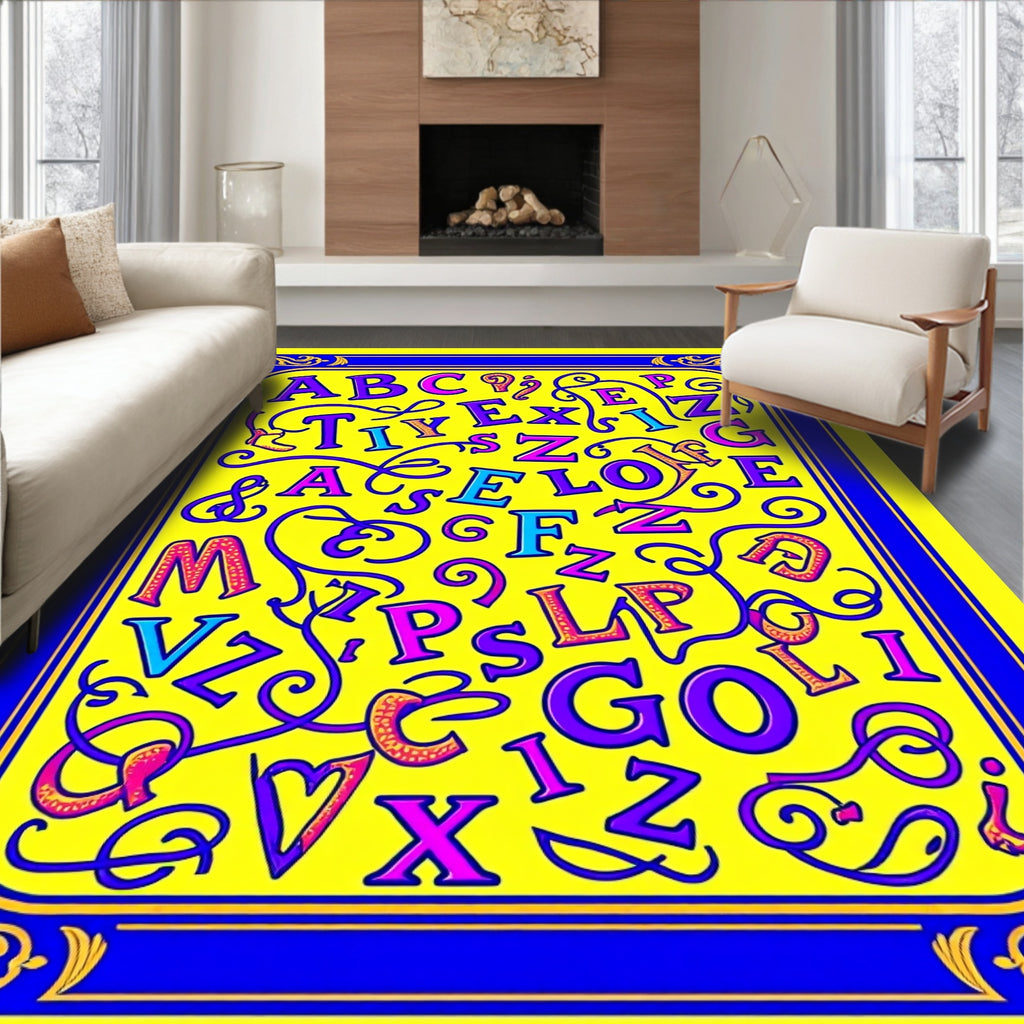 Alphabet Swirls Vibrant Yellow Border Rug