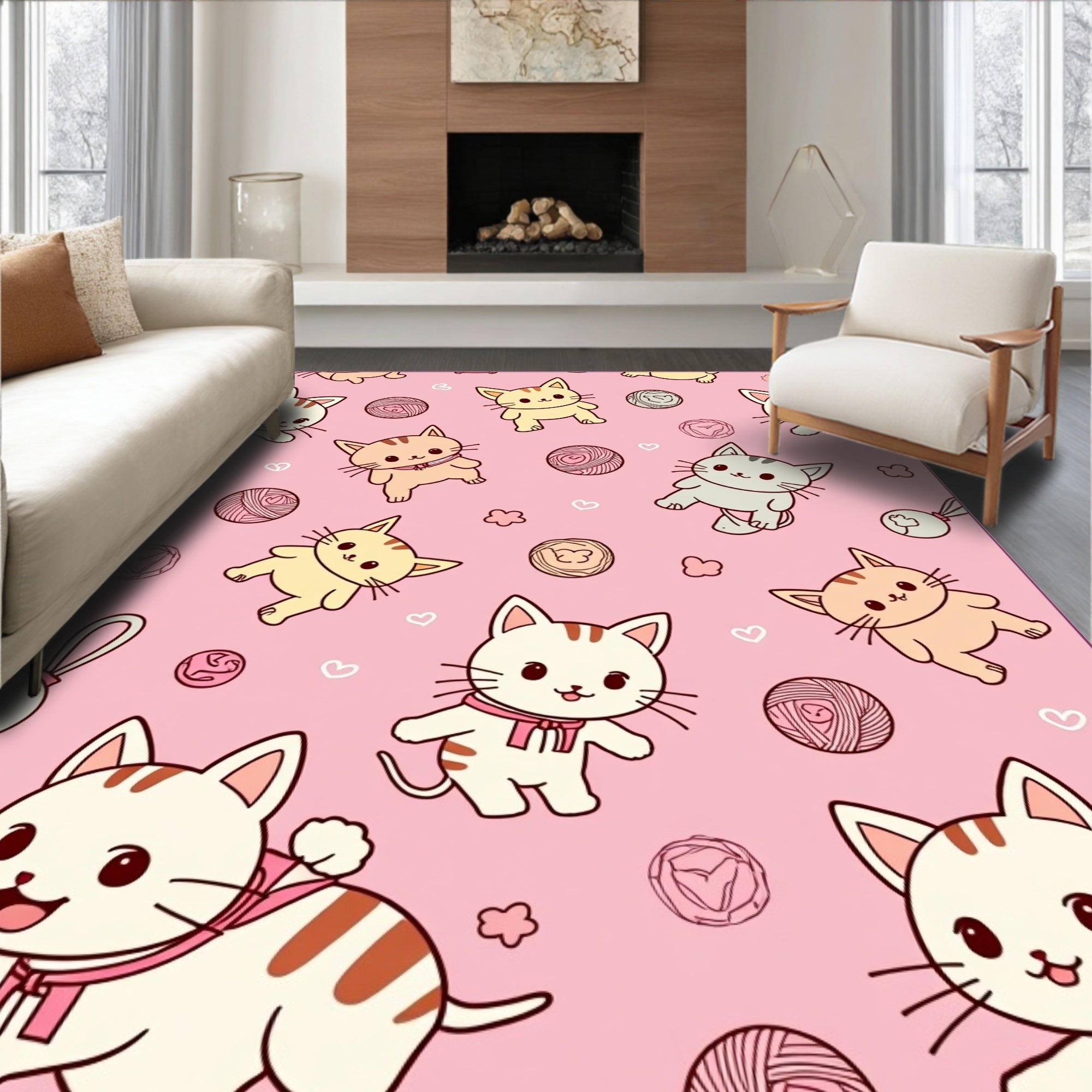 Kawaii Pink Kittens Yarn Balls Rug