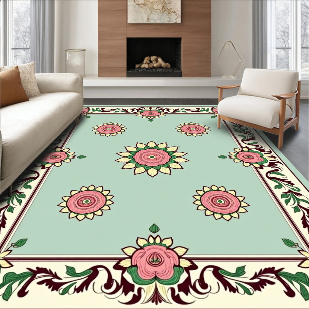 Vintage Pink Rose Garden Border Rug