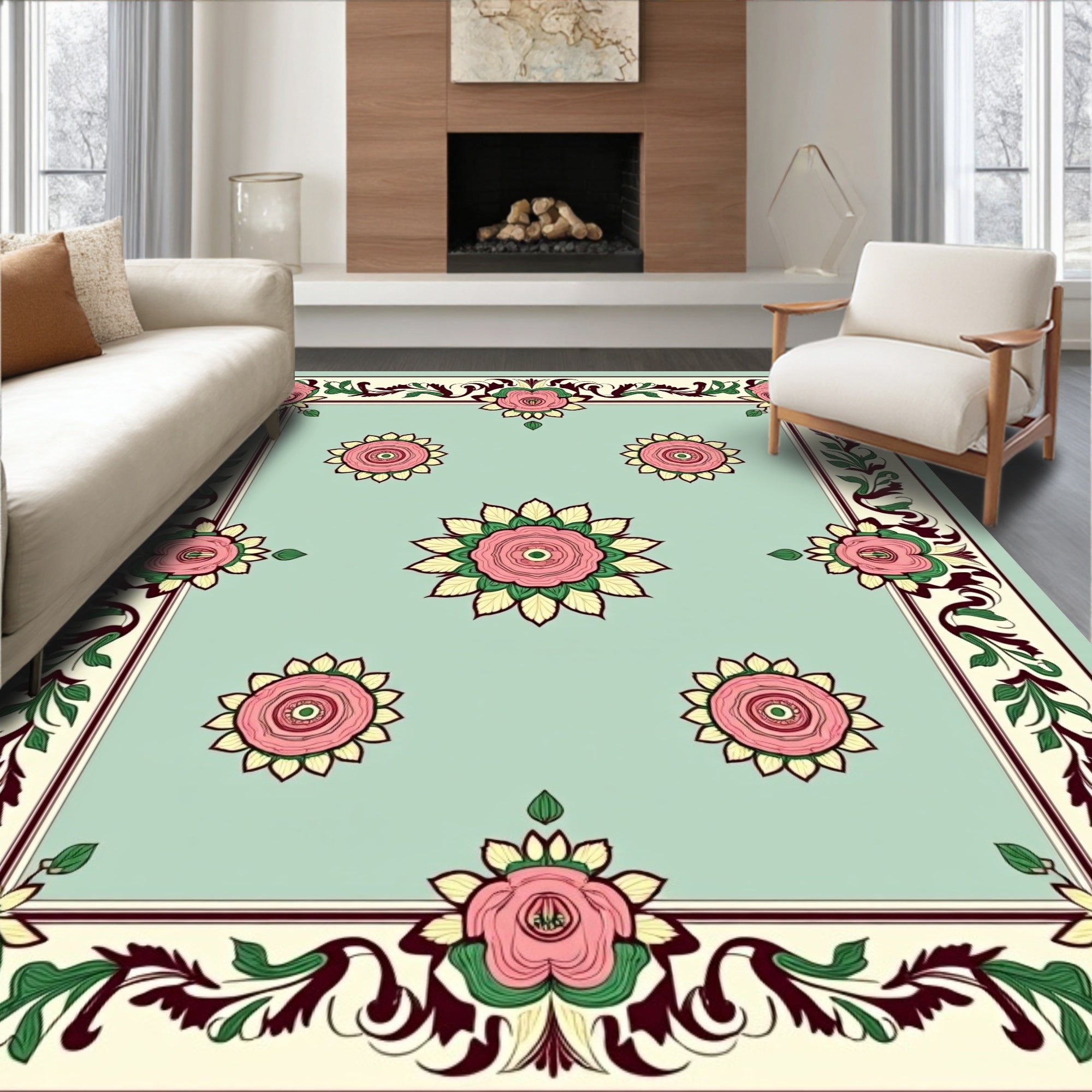 Vintage Pink Rose Garden Border Rug