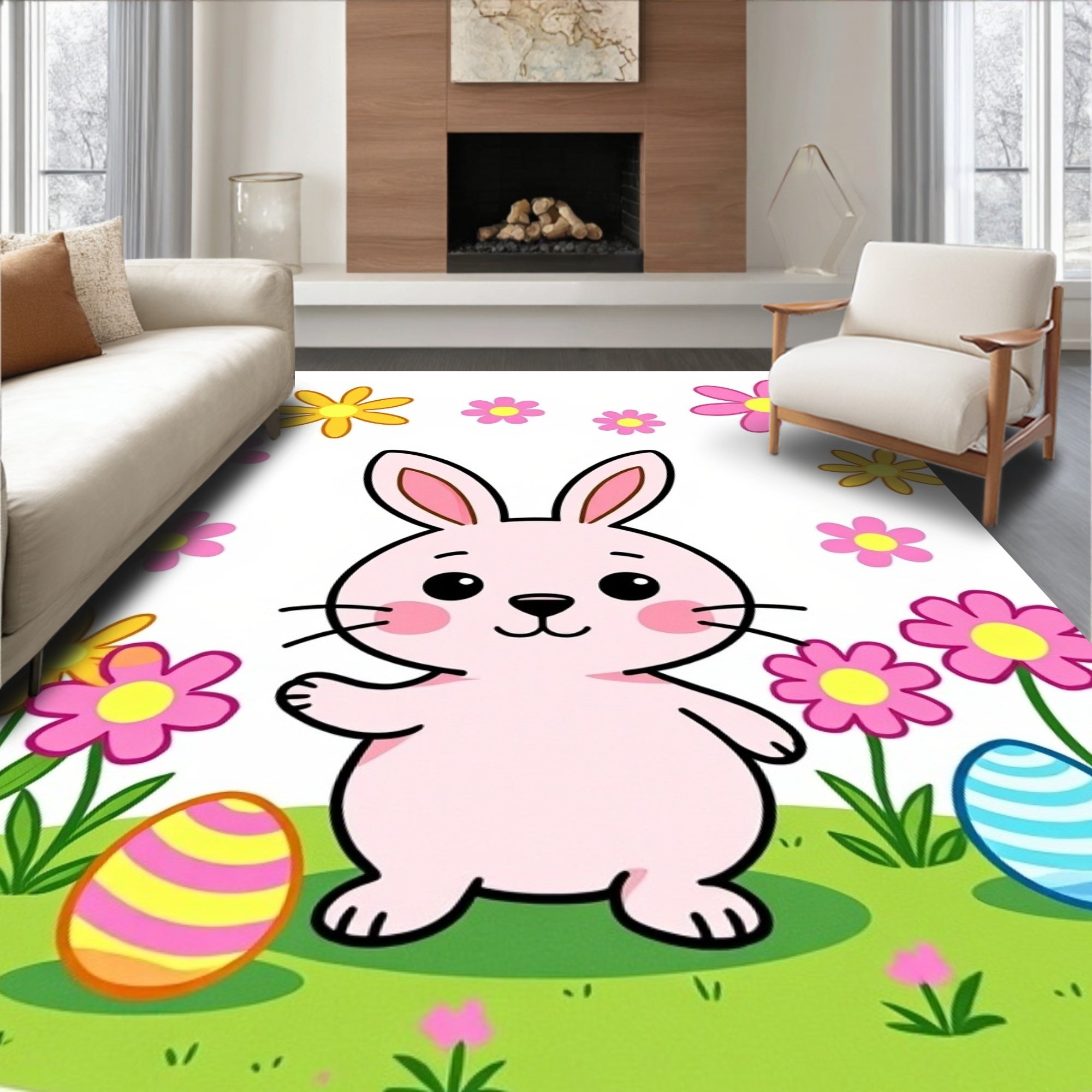 Whimsical Pink Bunny Spring Garden Easter Rug