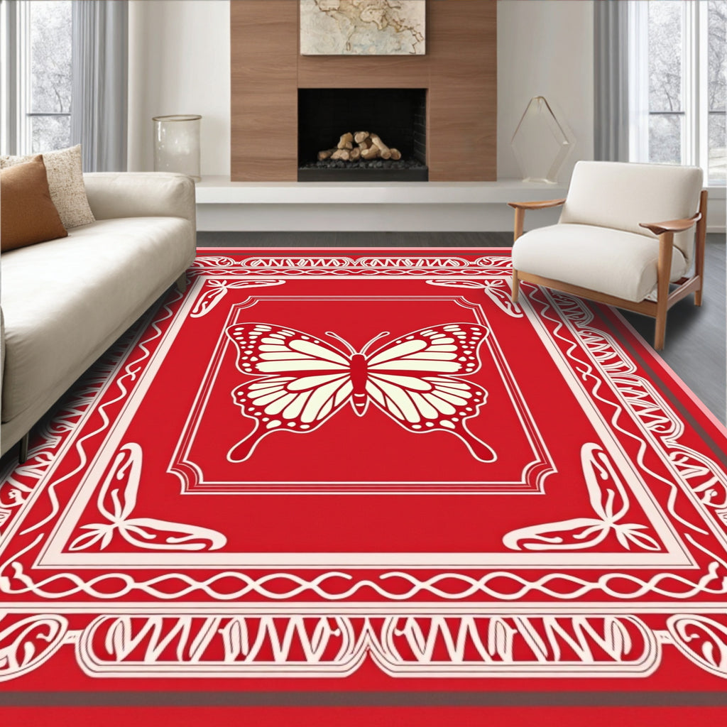 Red Cream Butterfly Floral Border Rug