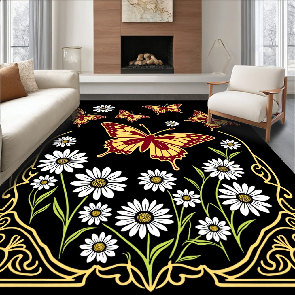 Crimson Yellow Butterfly Daisy Garden Rug