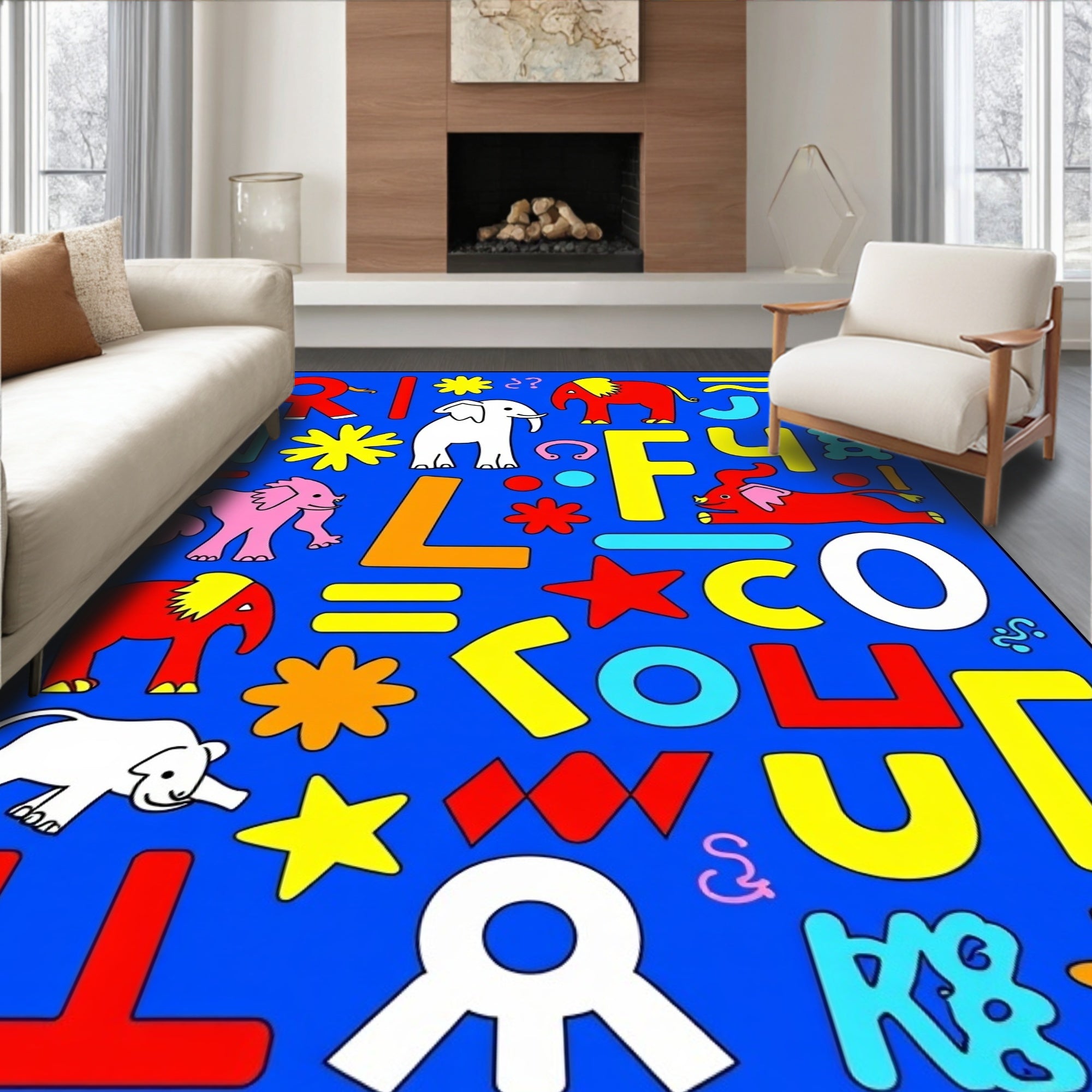 Playful Elephants and Geometric Shapes Rug