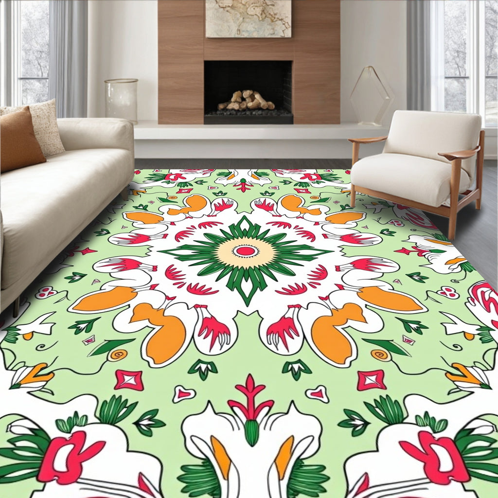 Mint Green Floral Starburst Mandala Rug