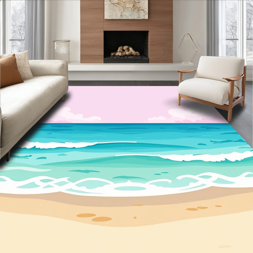 Coastal Teal Ocean Waves Beach Rug