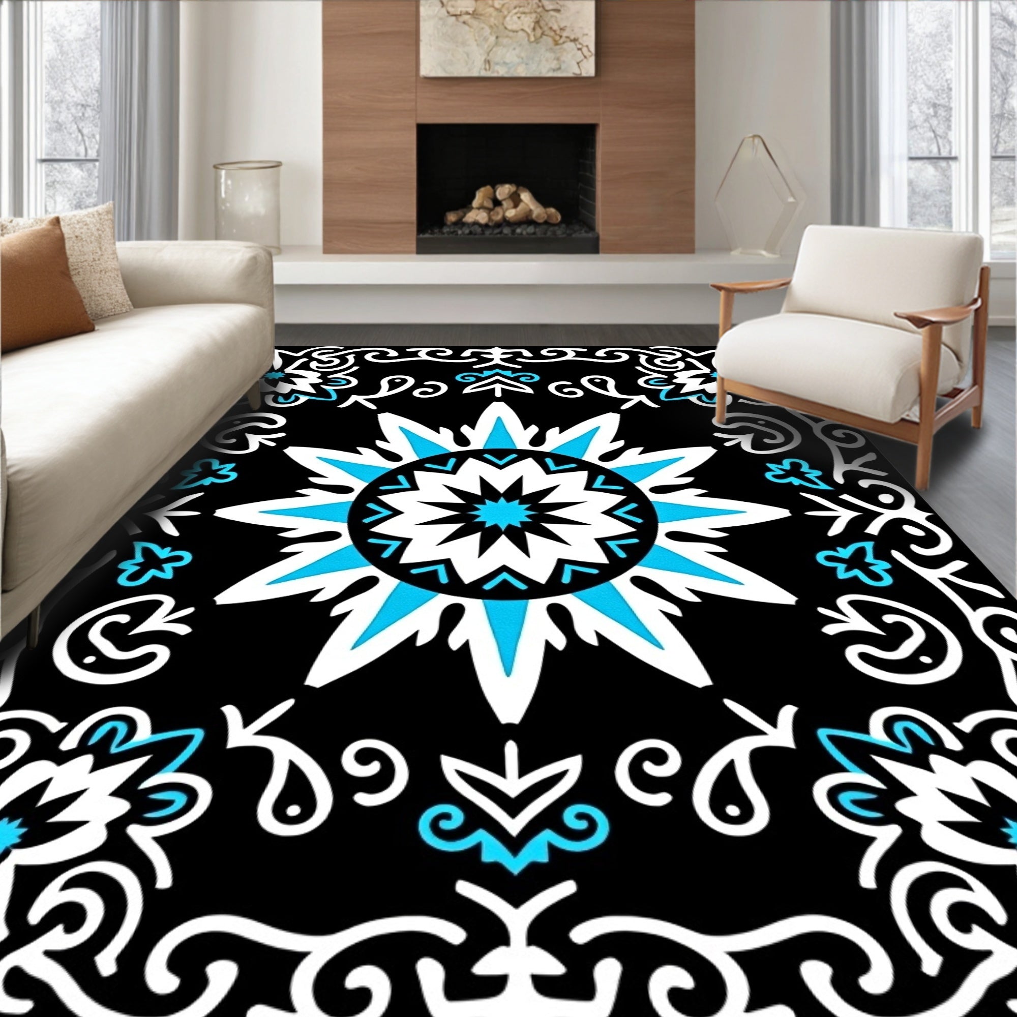 Black Sky Blue Starburst Medallion Rug