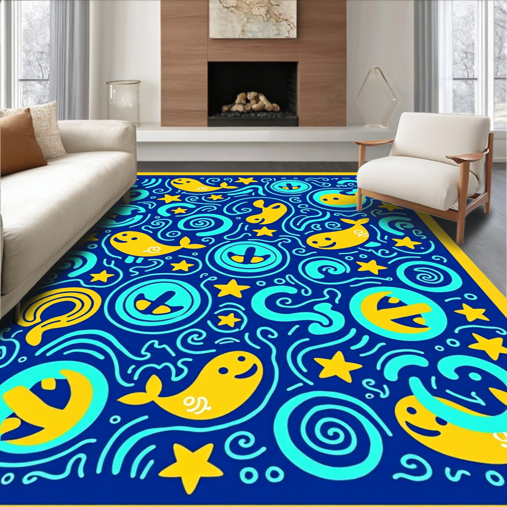 Whimsical Yellow Whale Ocean Swirl Rug