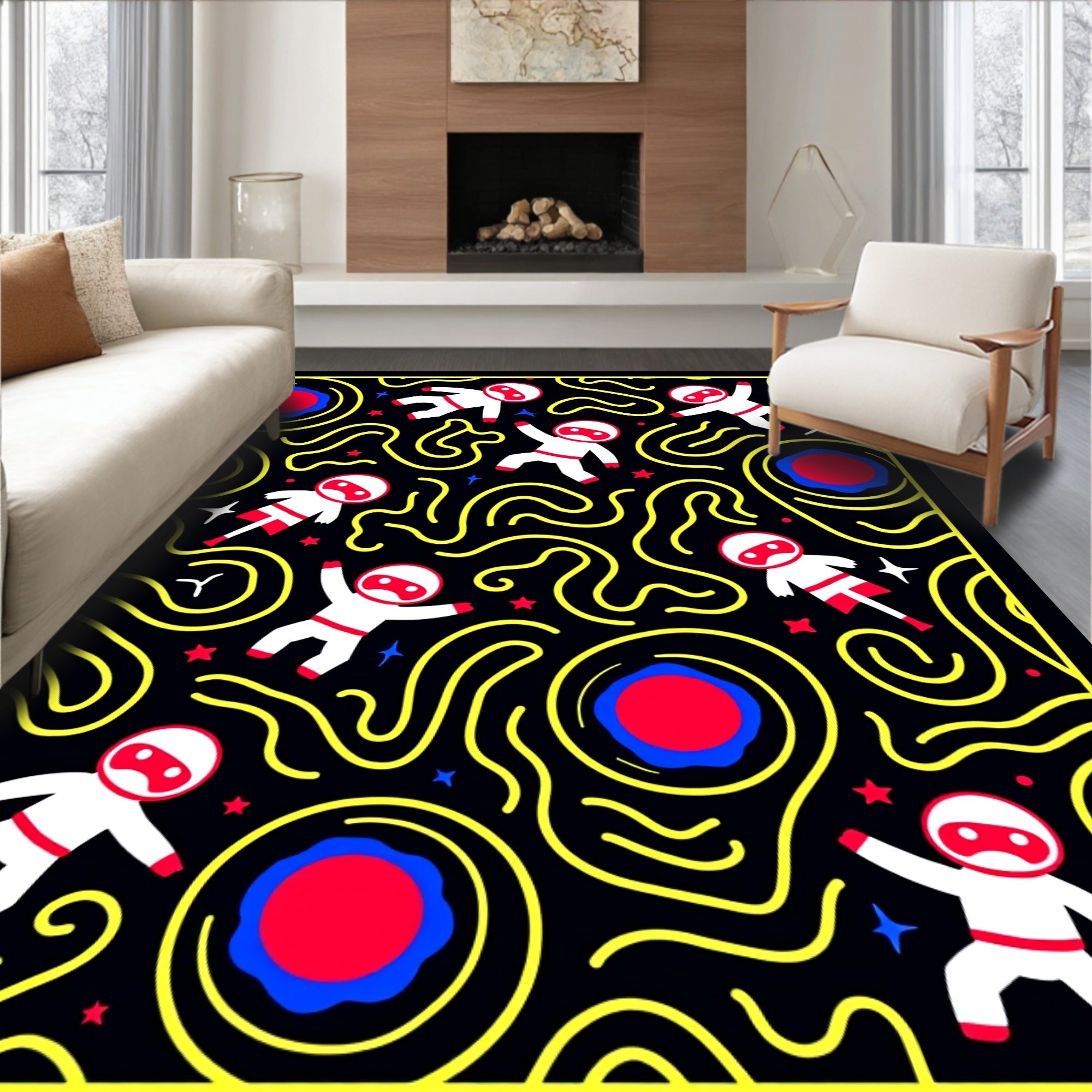 Astronaut Spacewarp Yellow Red Blue Rug
