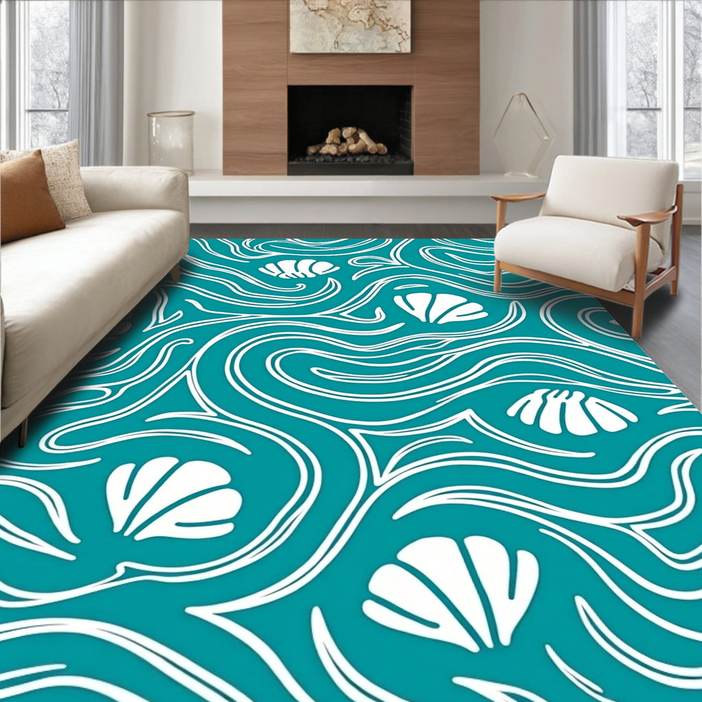Teal Ocean Shell Swirl And Wave Rug
