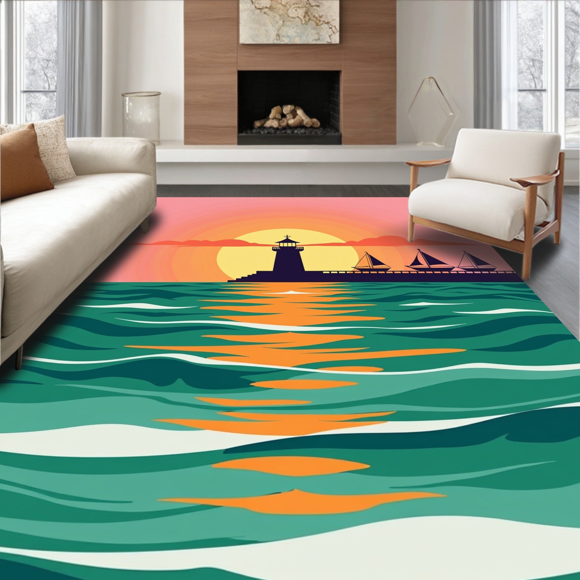 Coastal Sunset Lighthouse Sailboats Rug