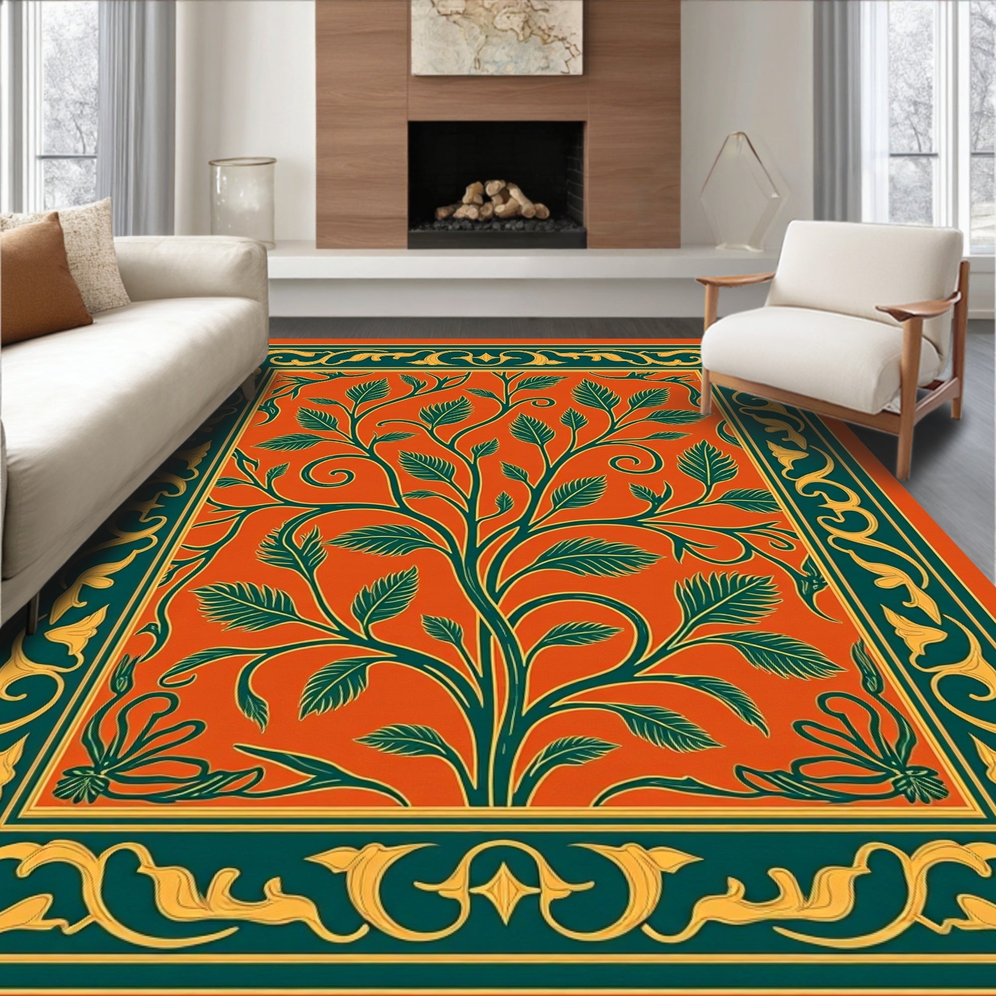 Emerald Green Orange Floral Tree Rug