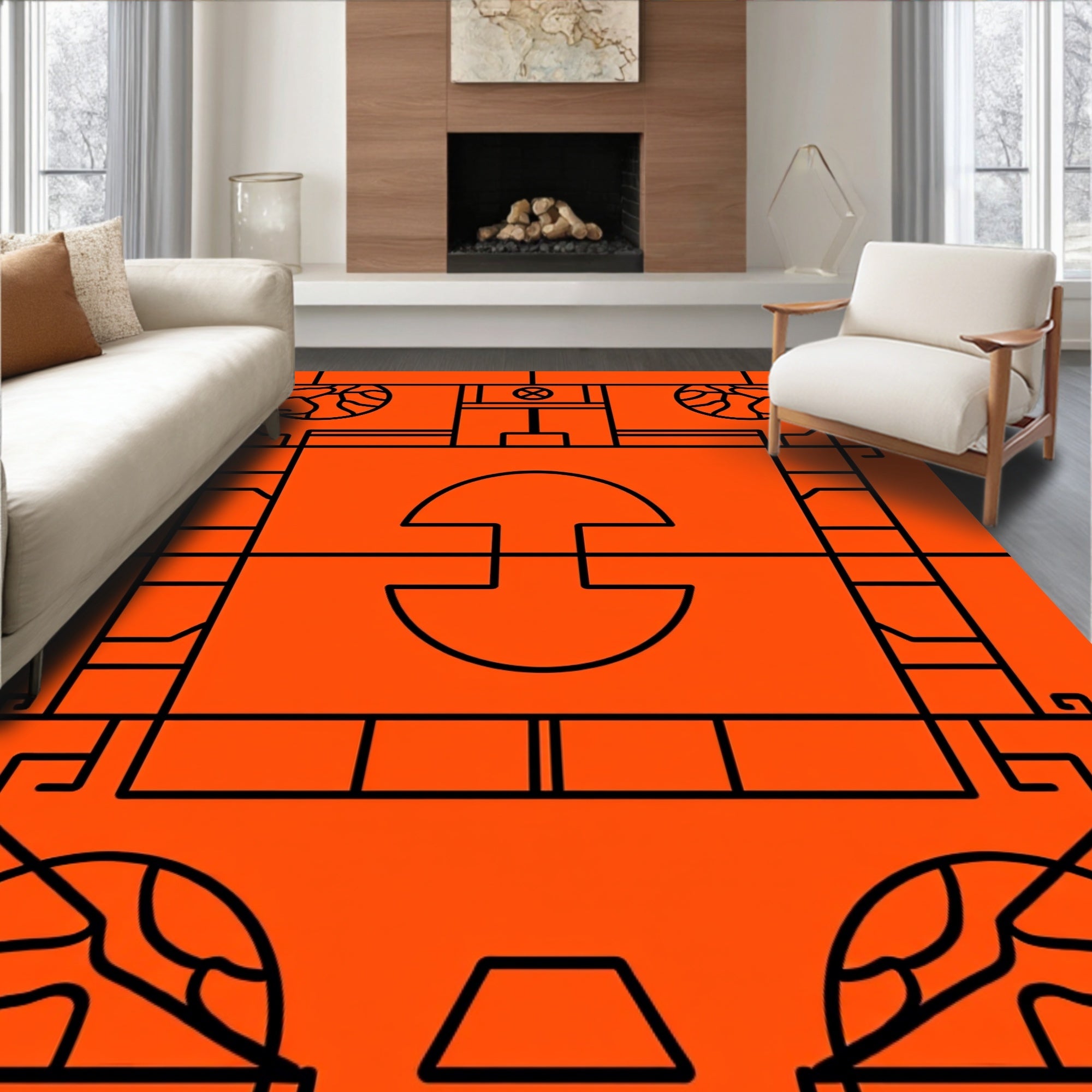 Geometric Abstract Orange Black Rug