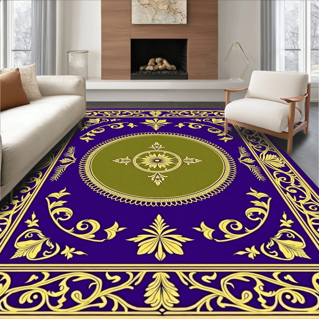 Royal Blue Gold Floral Medallion Rug
